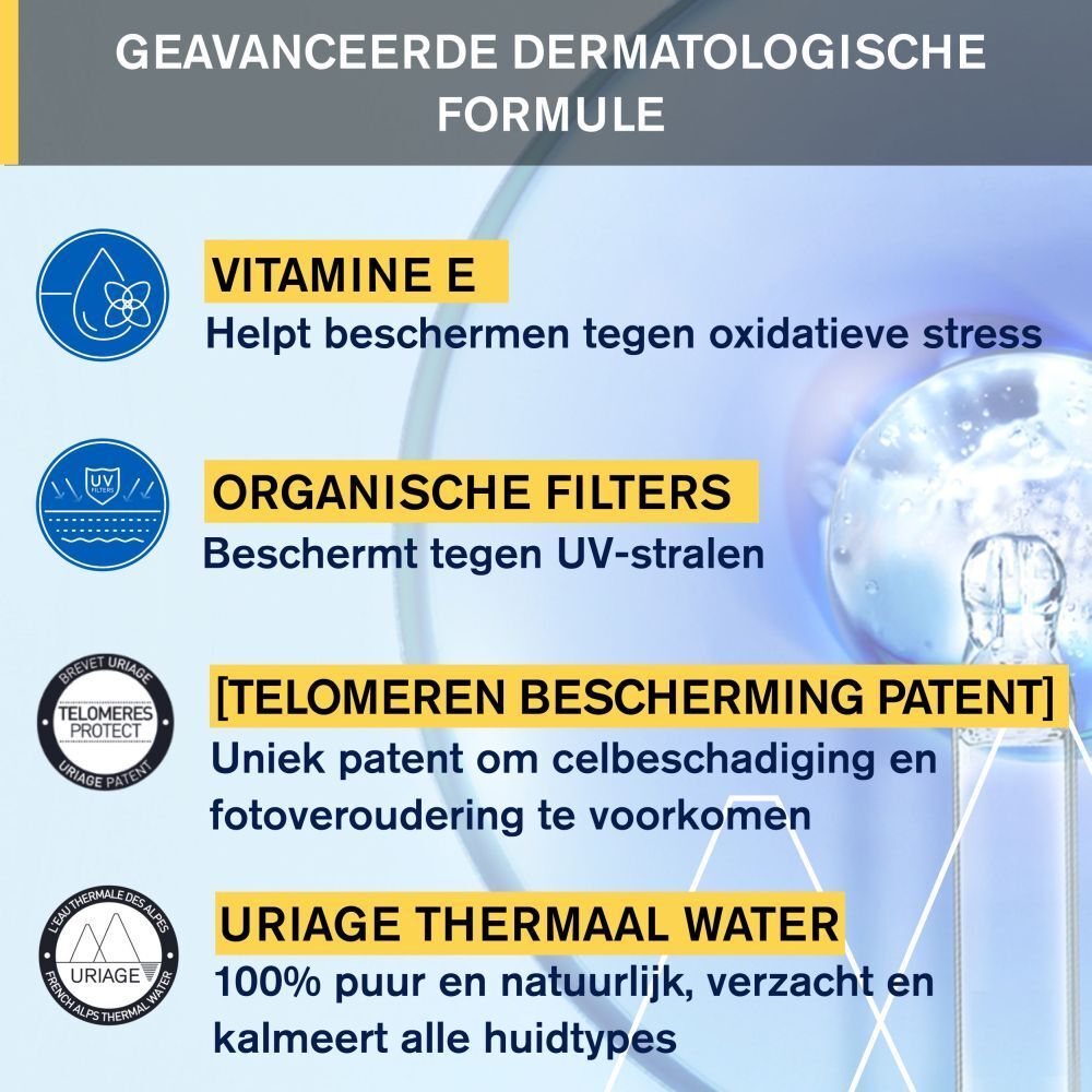 Grafiek: Ingrediënten en voordelen. Vitamine E, organische filters, Telomeres Protect, Uriage Thermaal Water.