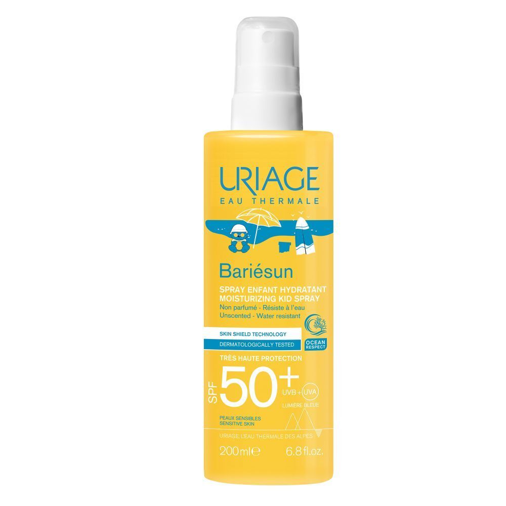 Gele fles met witte spraykop. Opschrift: Uriage, Bariesun, SPF 50+.