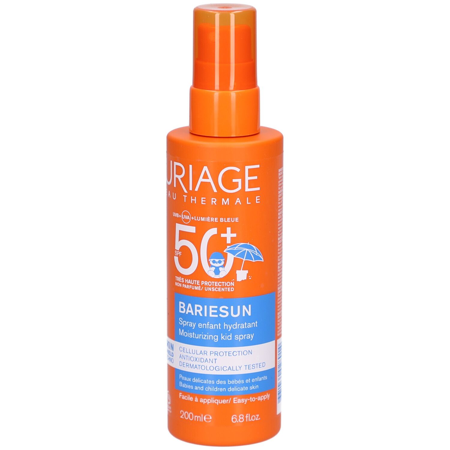 Orangefarbene Sprühflasche mit weißer und blauer Beschriftung. URIAGE BARIÉSUN Kid Spray LSF50+.