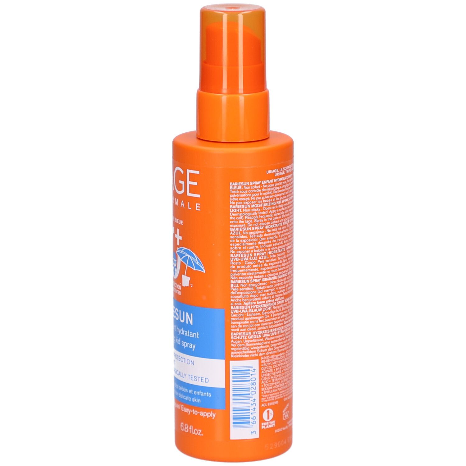 Orangefarbene Sprühflasche mit Text. URIAGE BARIÉSUN Kid Spray LSF50+.