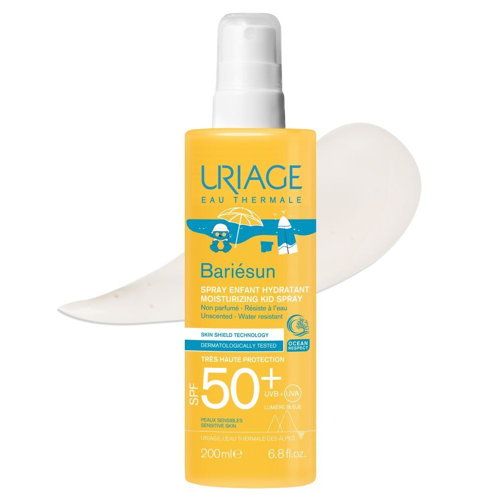 Gele fles met witte spraykop. Opschrift: Uriage, Bariesun, SPF 50+.