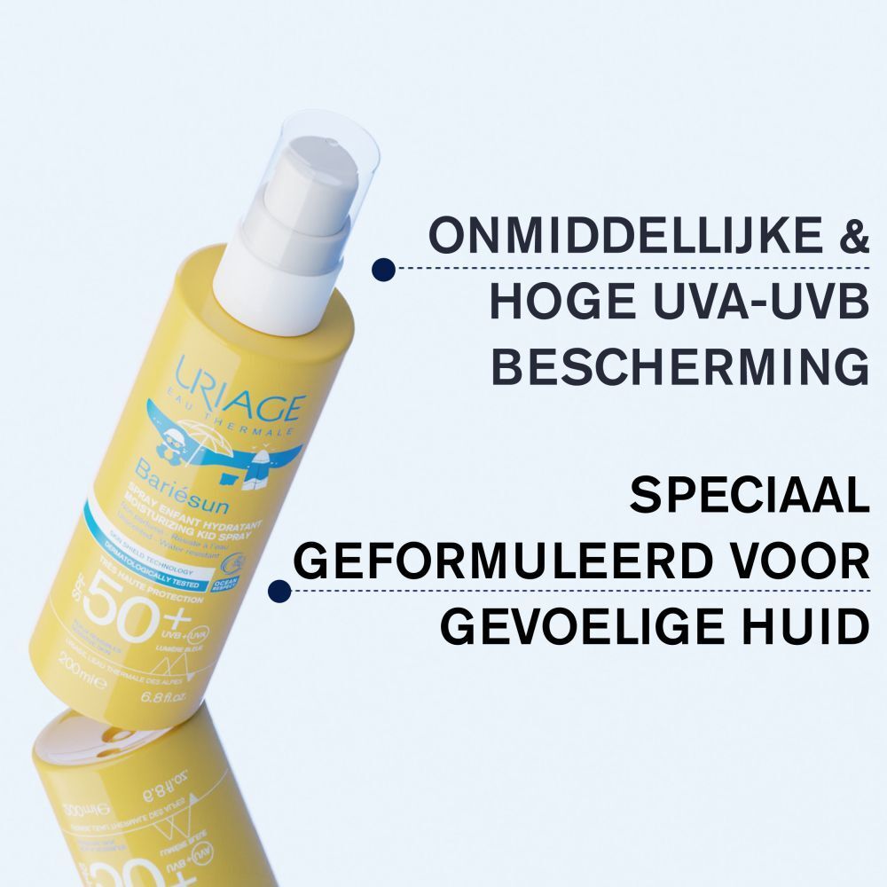 Gele fles met witte spraykop. Opschrift: Uriage, Bariesun, SPF 50+.