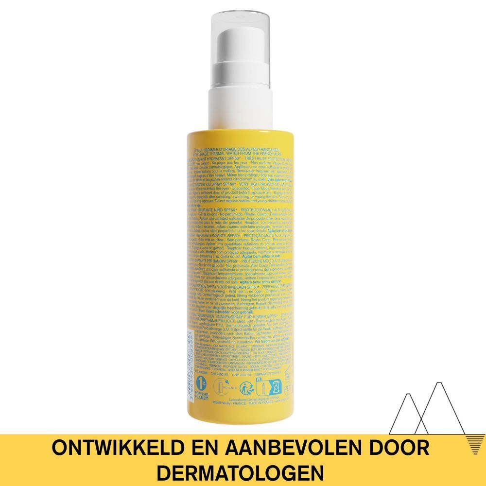 Gele fles met witte spraykop. Opschrift: Uriage, Bariesun, SPF 50+.