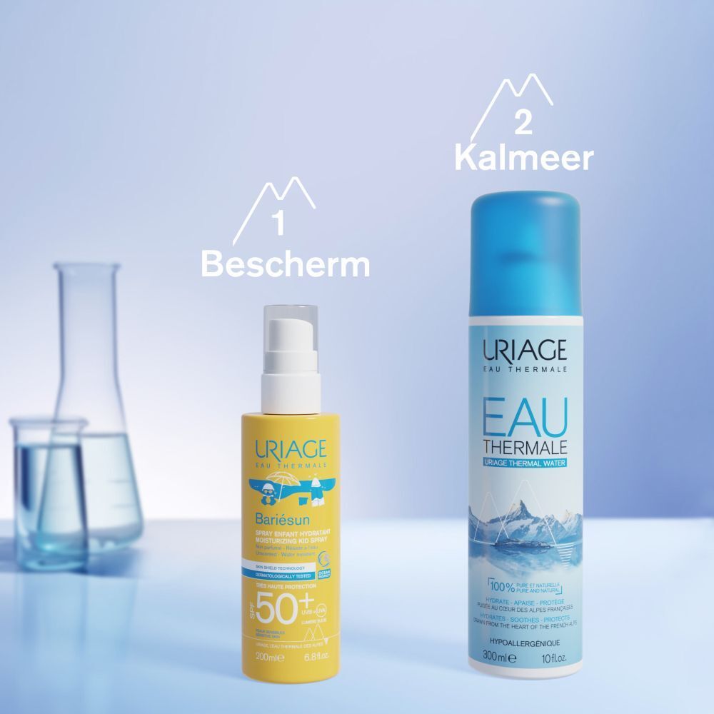 Gele fles met witte spraykop. Opschrift: Uriage, Bariesun, SPF 50+.