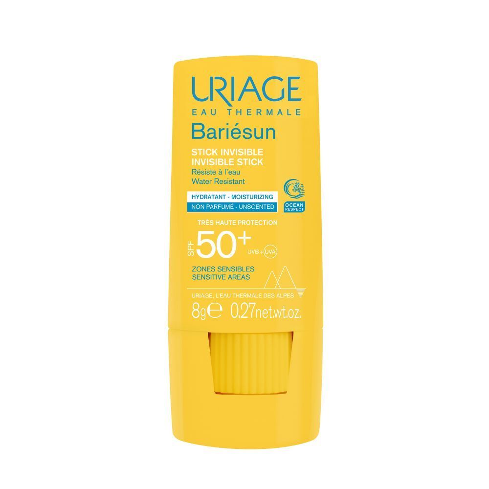 Stick Uriage Bariésun LSF50+. Stick jaune avec trace de produit blanc.