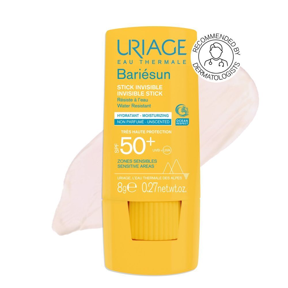 Uriage producten: Bariésun stick, aftersun balsem, thermaal waterspray.