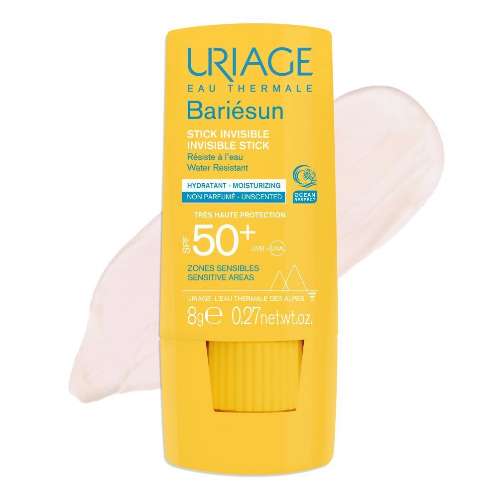 Visage de femme. Stick Uriage Bariésun. Texte: Résistant à l'eau, non comédogène.