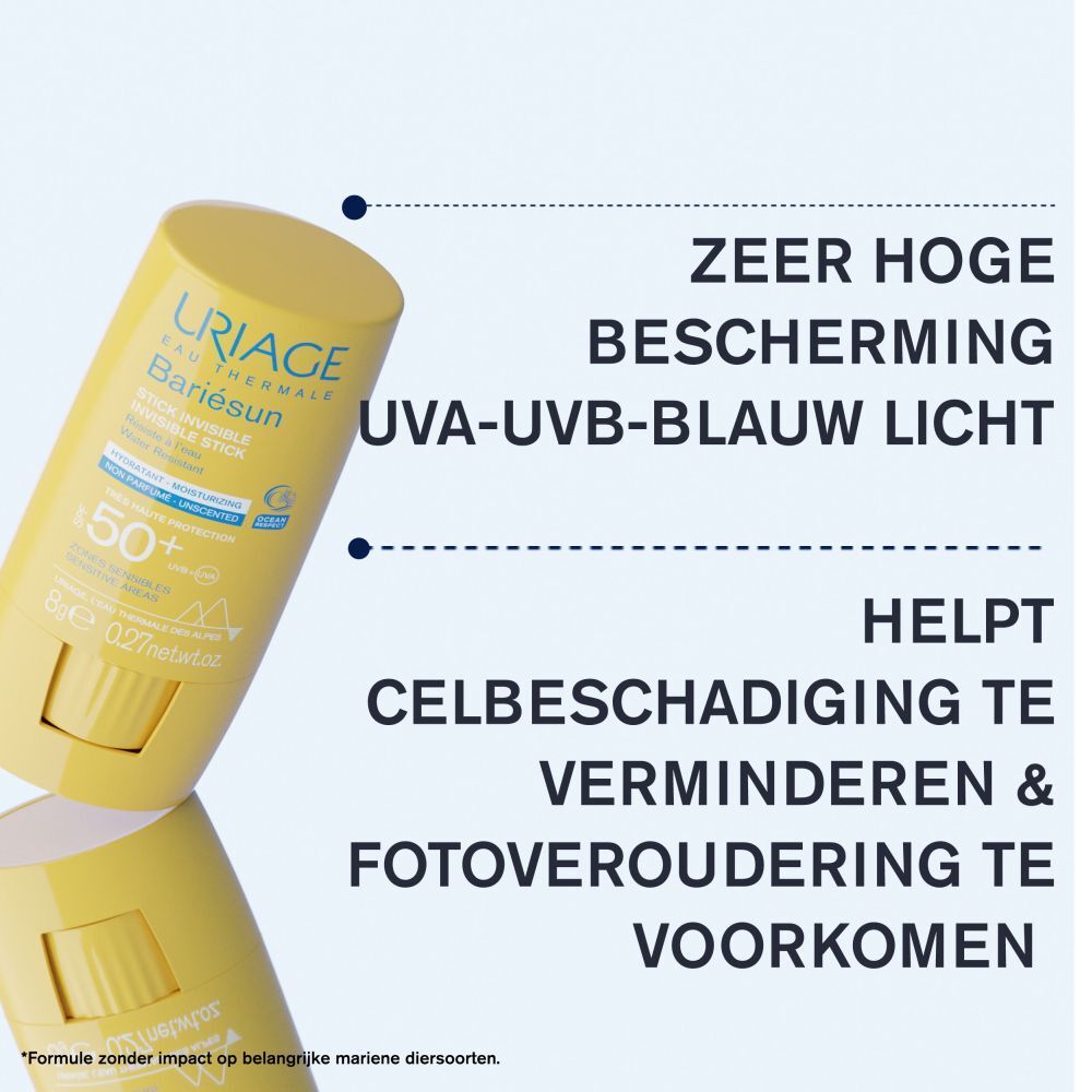 Uriage Bariésun stick. Tekst: Zeer hoge UVA-UVB bescherming, voorkomt huidveroudering.