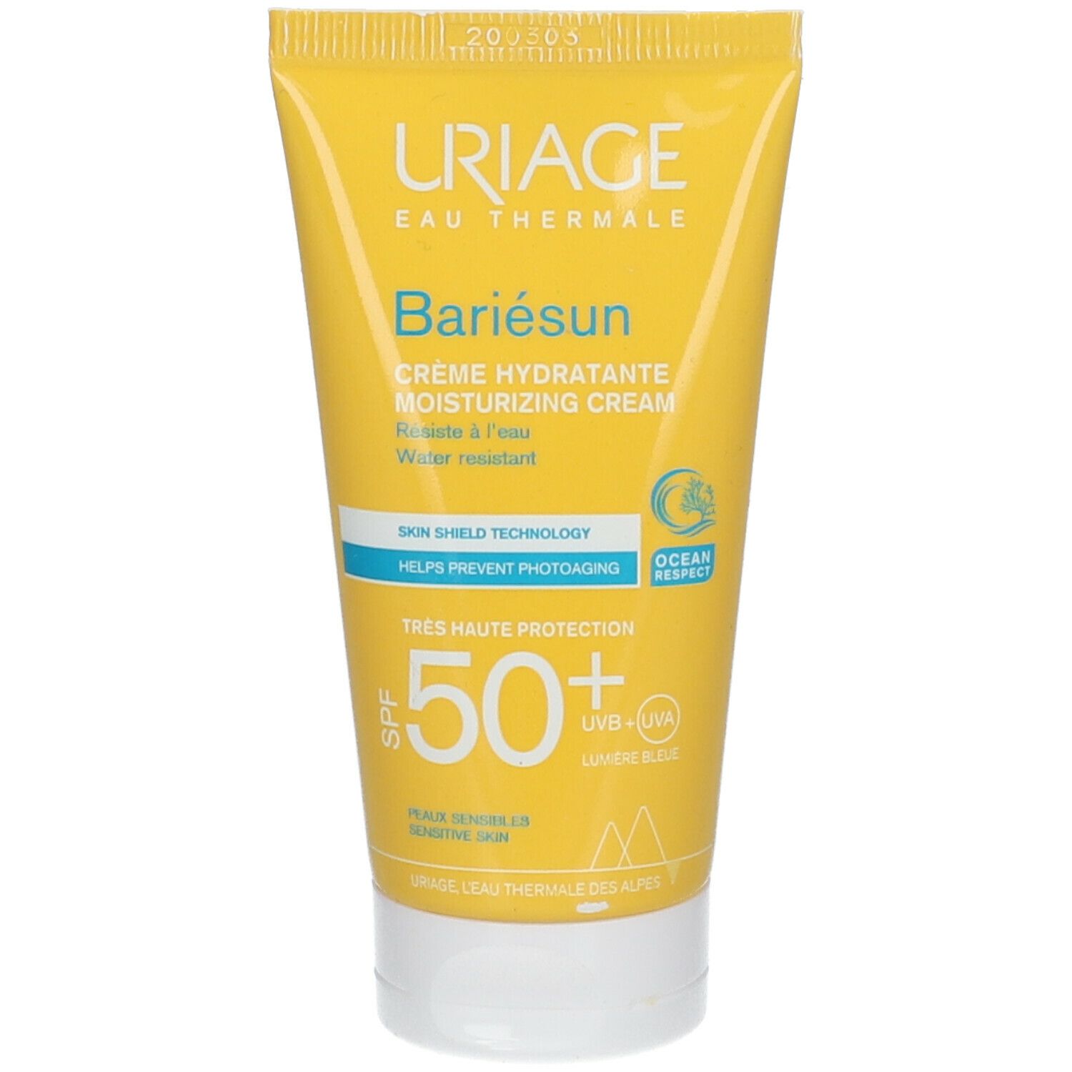 Gele tube Uriage Bariésun Crème SPF50+. Franse tekst. Waterbestendig. Met SPF 50+.
