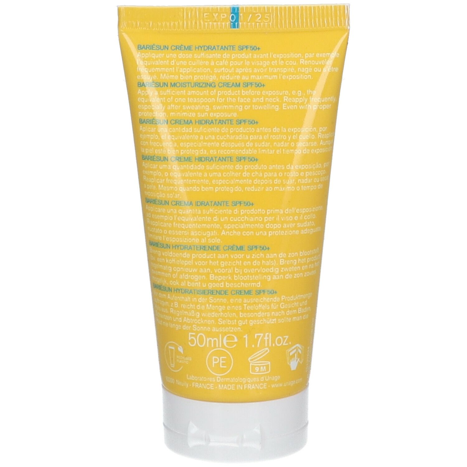Achterkant van de gele tube Uriage Bariésun Crème SPF50+. Franse tekst. 50ml. Met symbolen.