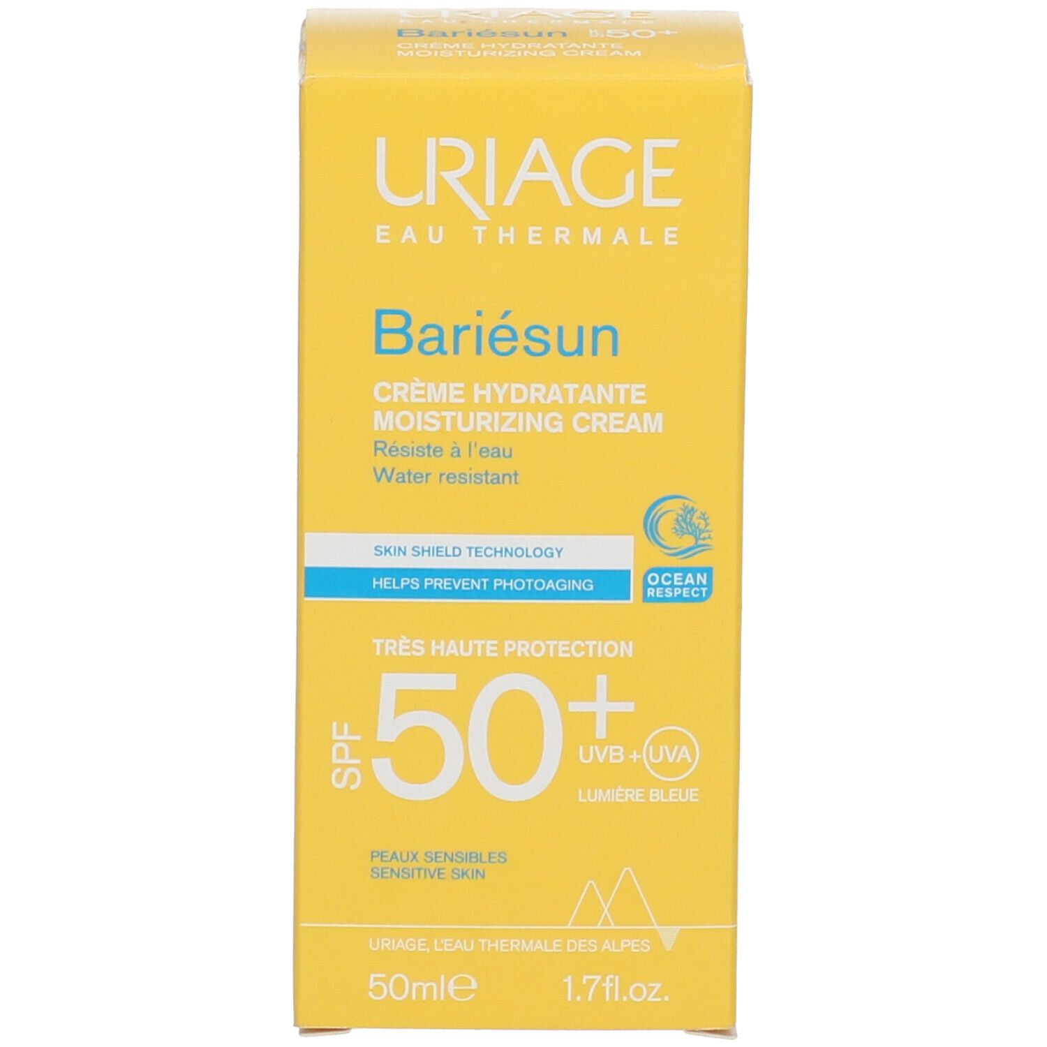 Gele doos Uriage Bariésun Crème SPF50+. Franse tekst. Met SPF 50+ en 50ml.