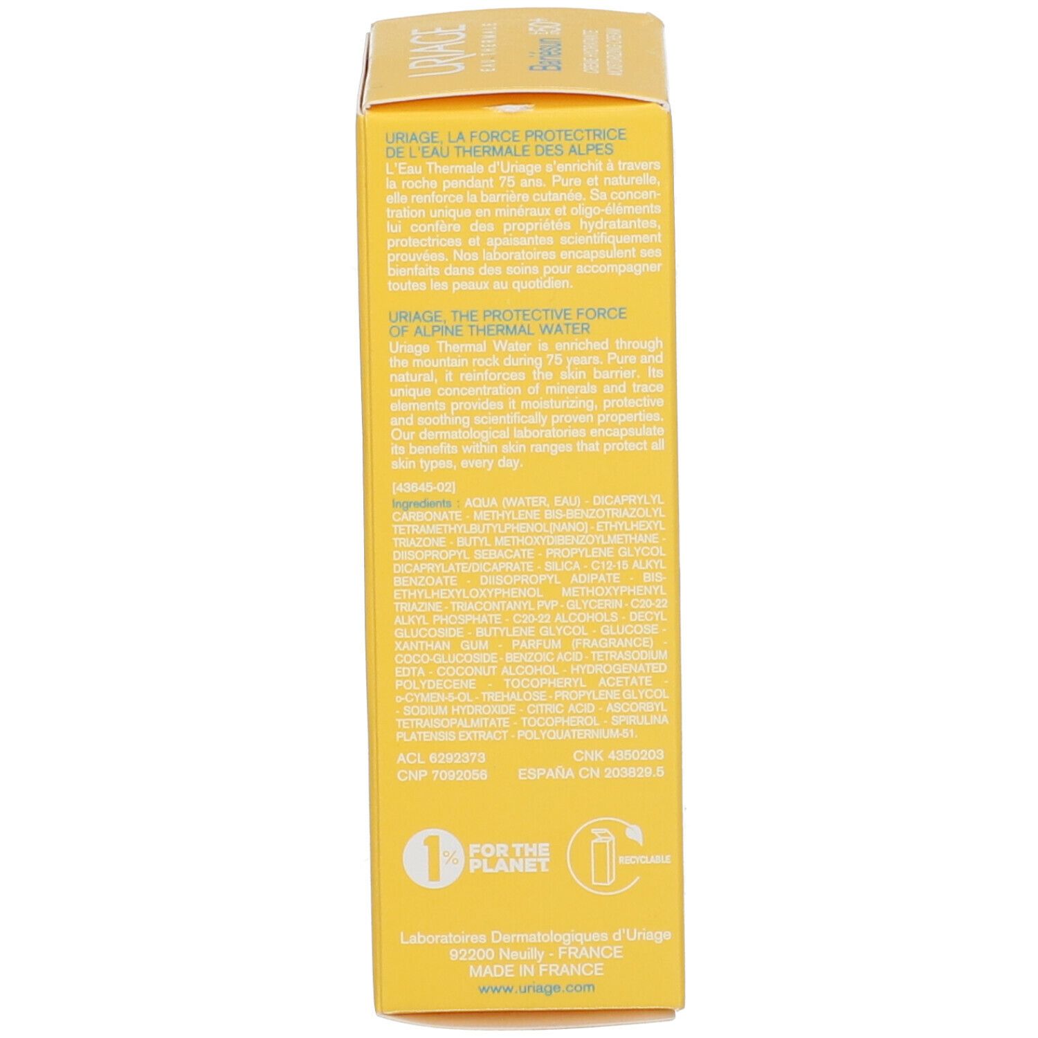 Gele doos Uriage Bariésun Crème SPF50+. Franse tekst. Ingrediënten en informatie.