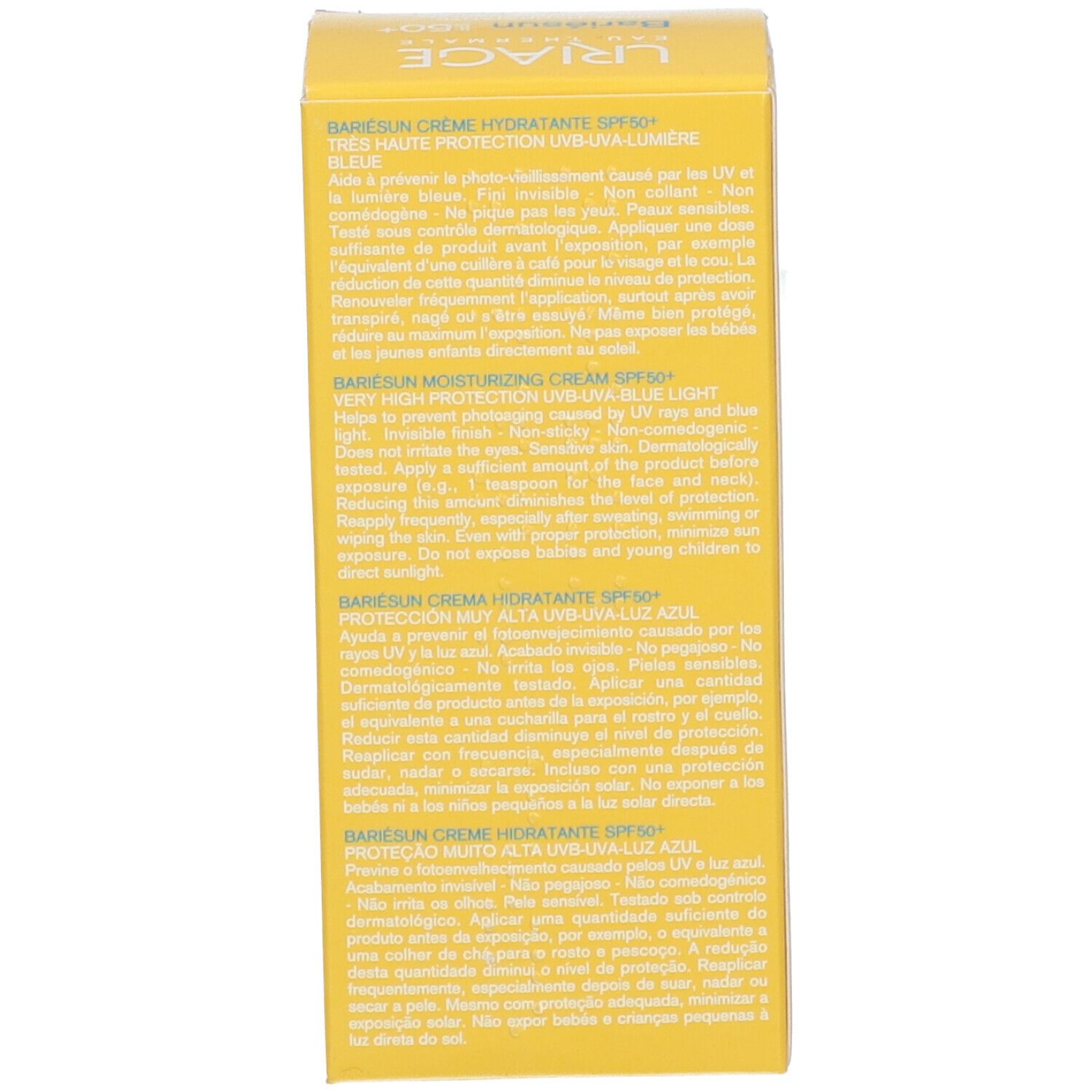 Gele doos Uriage Bariésun Crème SPF50+. Franse tekst. Gebruiksinformatie.