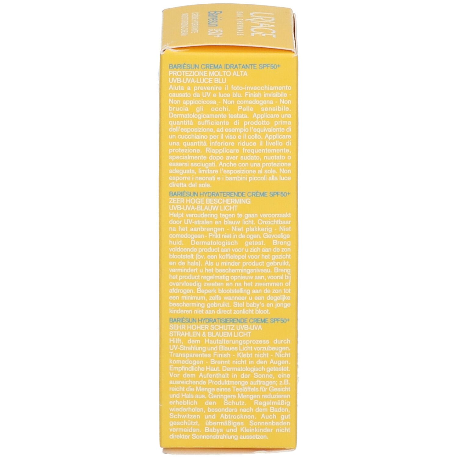Gele doos Uriage Bariésun Crème SPF50+. Franse tekst. Gebruiksinformatie.