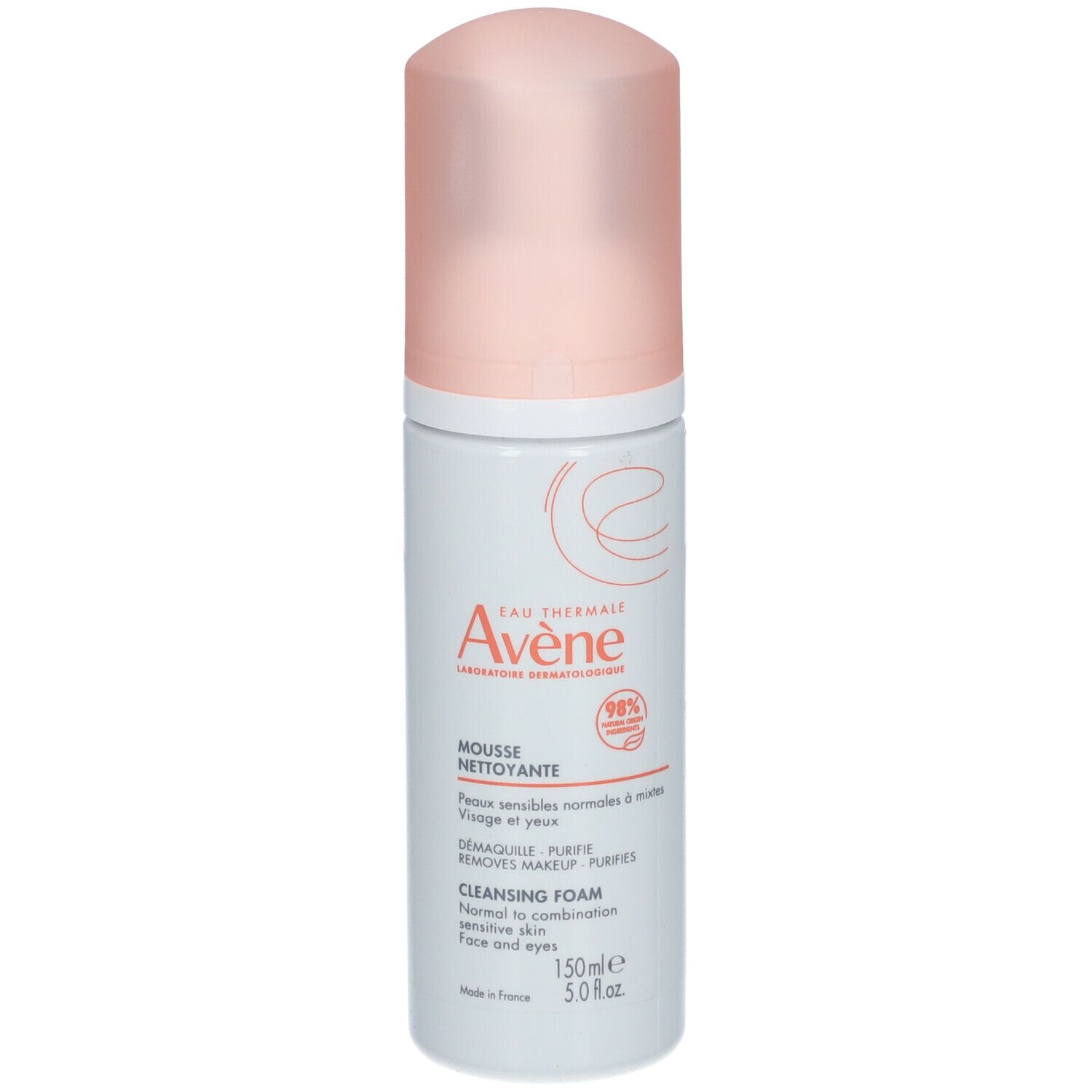 Flacon de Mousse Nettoyante Avene, blanc et rose. Texte: Mousse Nettoyante, Cleansing Foam, pour peaux normales à mixtes.
