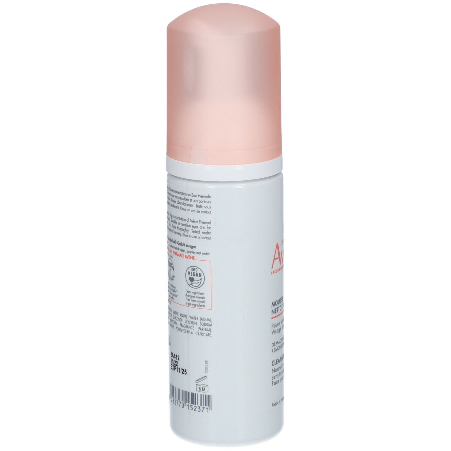 Dos du flacon de Mousse Nettoyante Avene. Blanc, bouchon rose. Texte: ingrédients, label Vegan, date de péremption, fabricant.