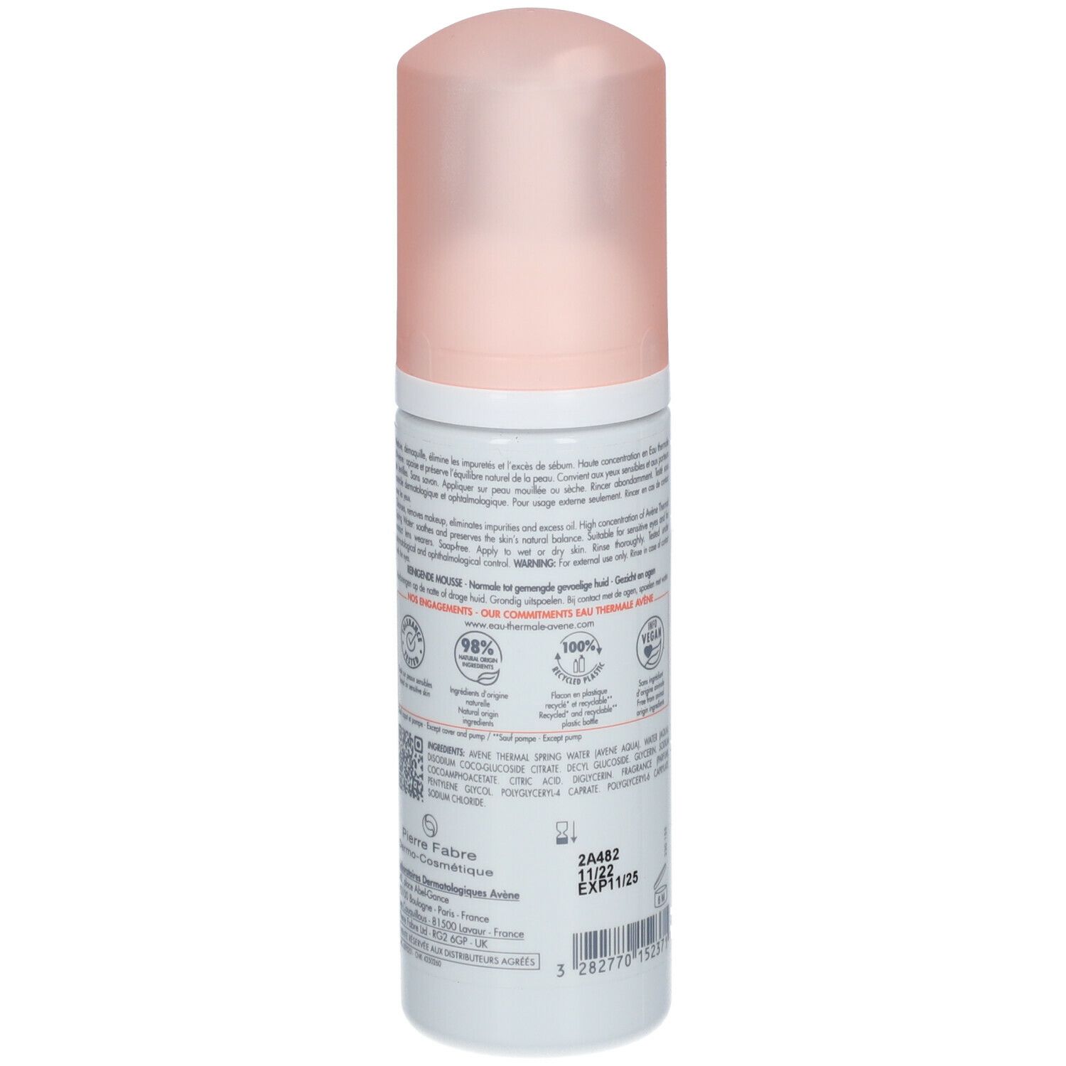 Dos du flacon de Mousse Nettoyante Avene. Blanc, bouchon rose. Texte: ingrédients, label Vegan, date de péremption, fabricant.