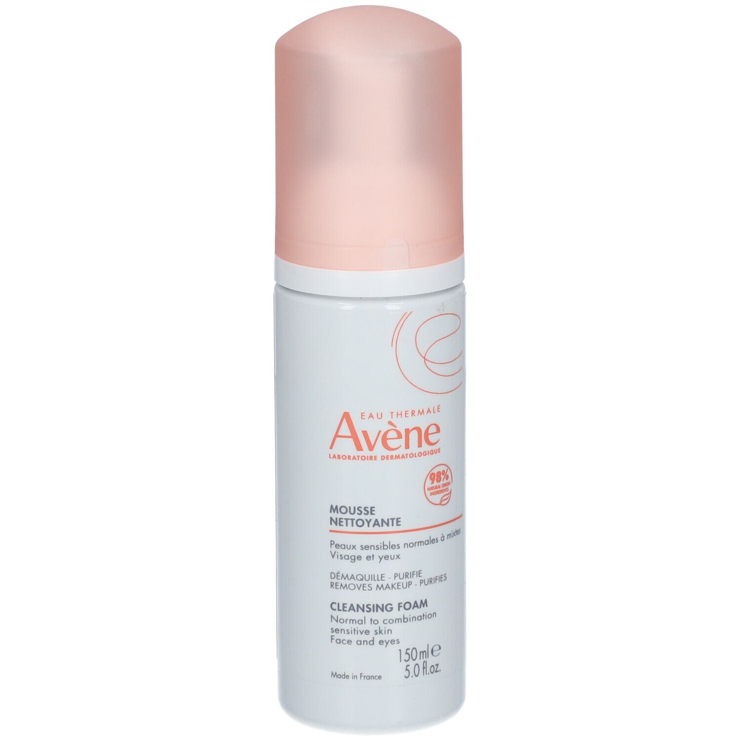 Flacon de Mousse Nettoyante Avene, blanc et rose. Texte: Mousse Nettoyante, Cleansing Foam, pour peaux normales à mixtes.