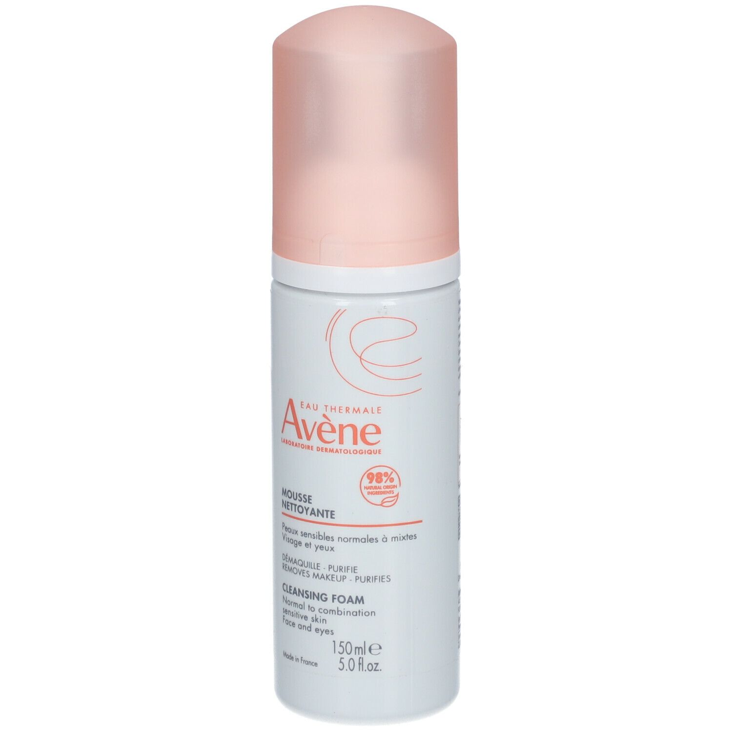 Flacon de Mousse Nettoyante Avene, blanc et rose. Texte: Mousse Nettoyante, Cleansing Foam, pour peaux normales à mixtes.