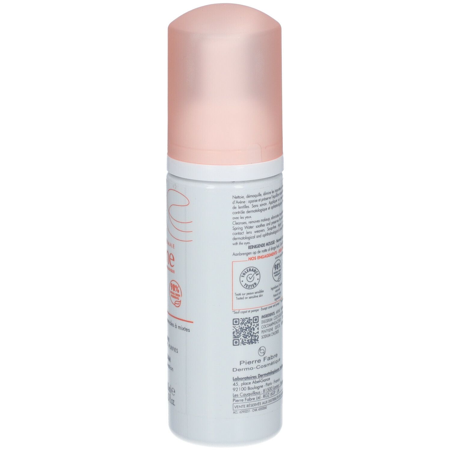 Dos du flacon de Mousse Nettoyante Avene. Blanc, bouchon rose. Texte: ingrédients, label Vegan, date de péremption, fabricant.