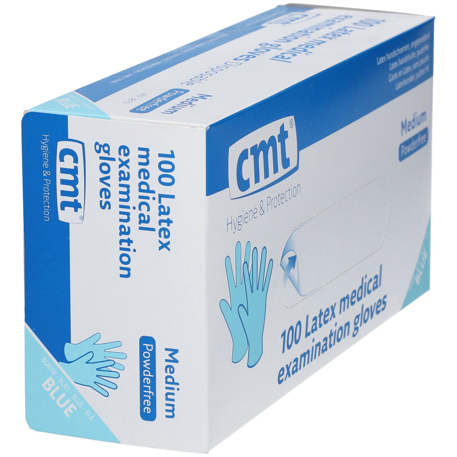 Boîte de gants d'examen en latex bleus CMT, sans poudre, taille Medium. Inscription : 100 pièces, Hygiène & Protection.