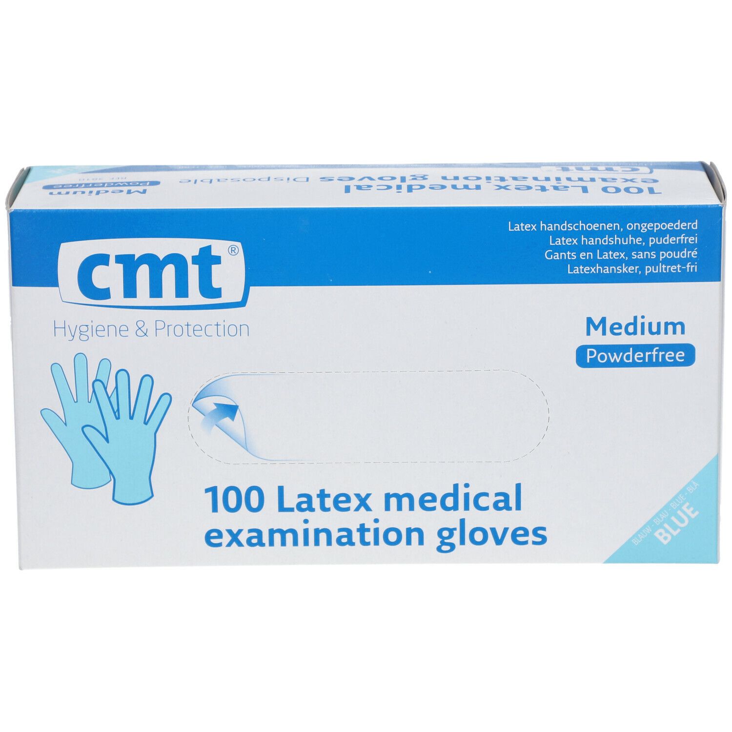 Boîte de gants d'examen en latex bleus CMT, sans poudre, taille Medium. Inscription : 100 pièces, Hygiène & Protection.