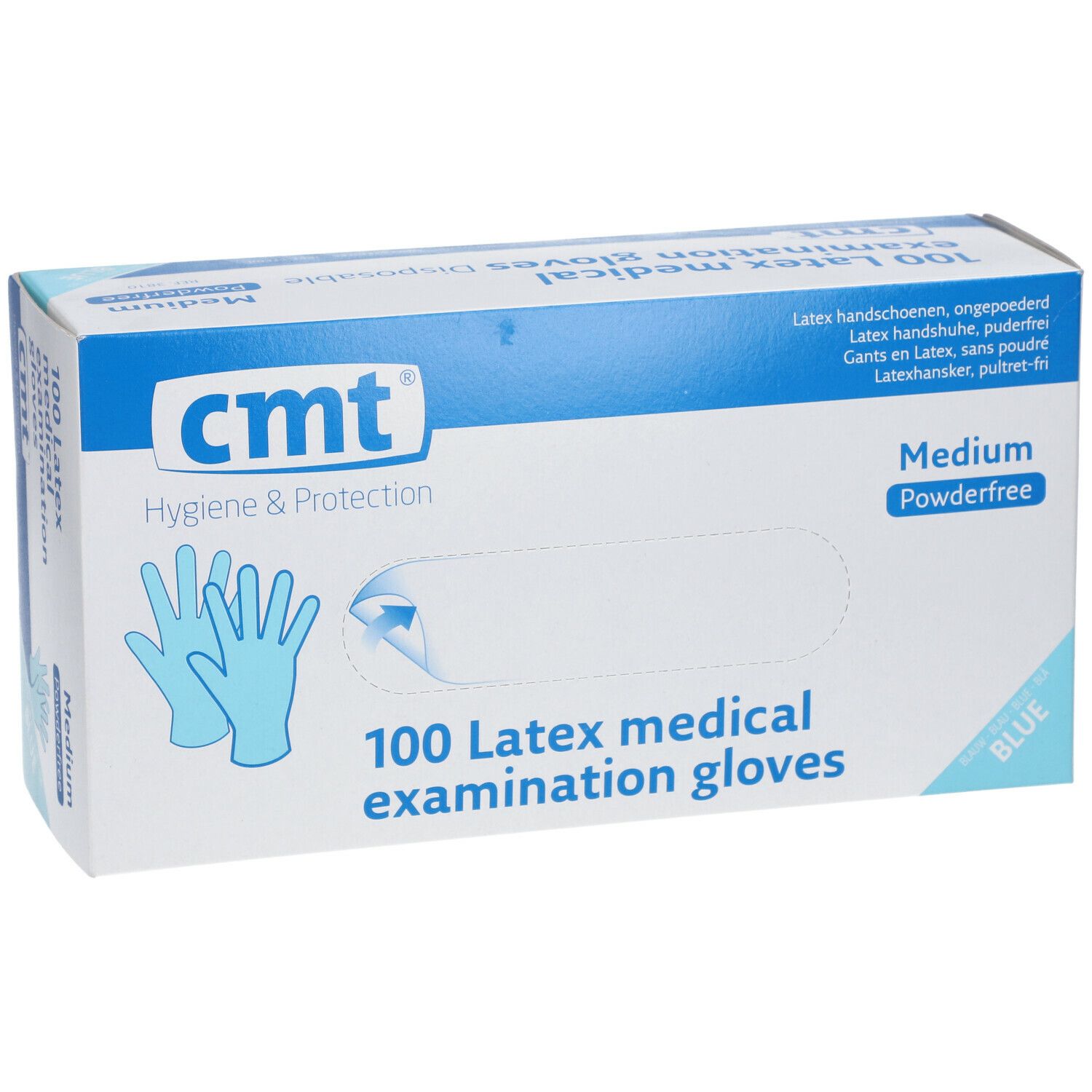 Boîte de gants d'examen en latex bleus CMT, sans poudre, taille Medium. Inscription : 100 pièces, Hygiène & Protection.