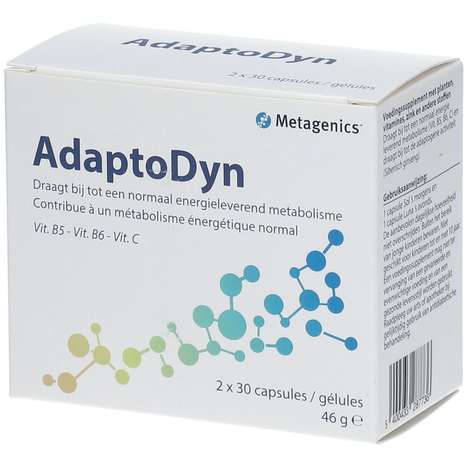 Boîte blanche AdaptoDyn, logo Metagenics, 2x30 gélules. Contient Vitamines B5, B6, C. Texte en néerlandais et français.