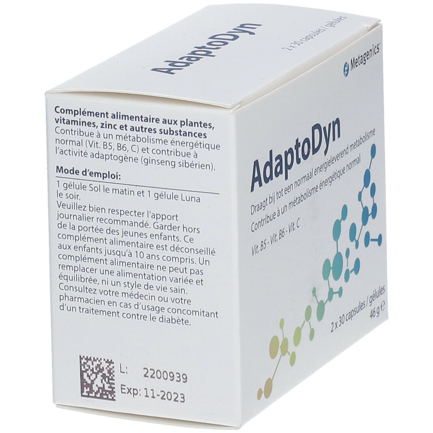Boîte blanche AdaptoDyn, logo Metagenics, texte en néerlandais et français. Contient 2x30 gélules. Expiration 11-2023.