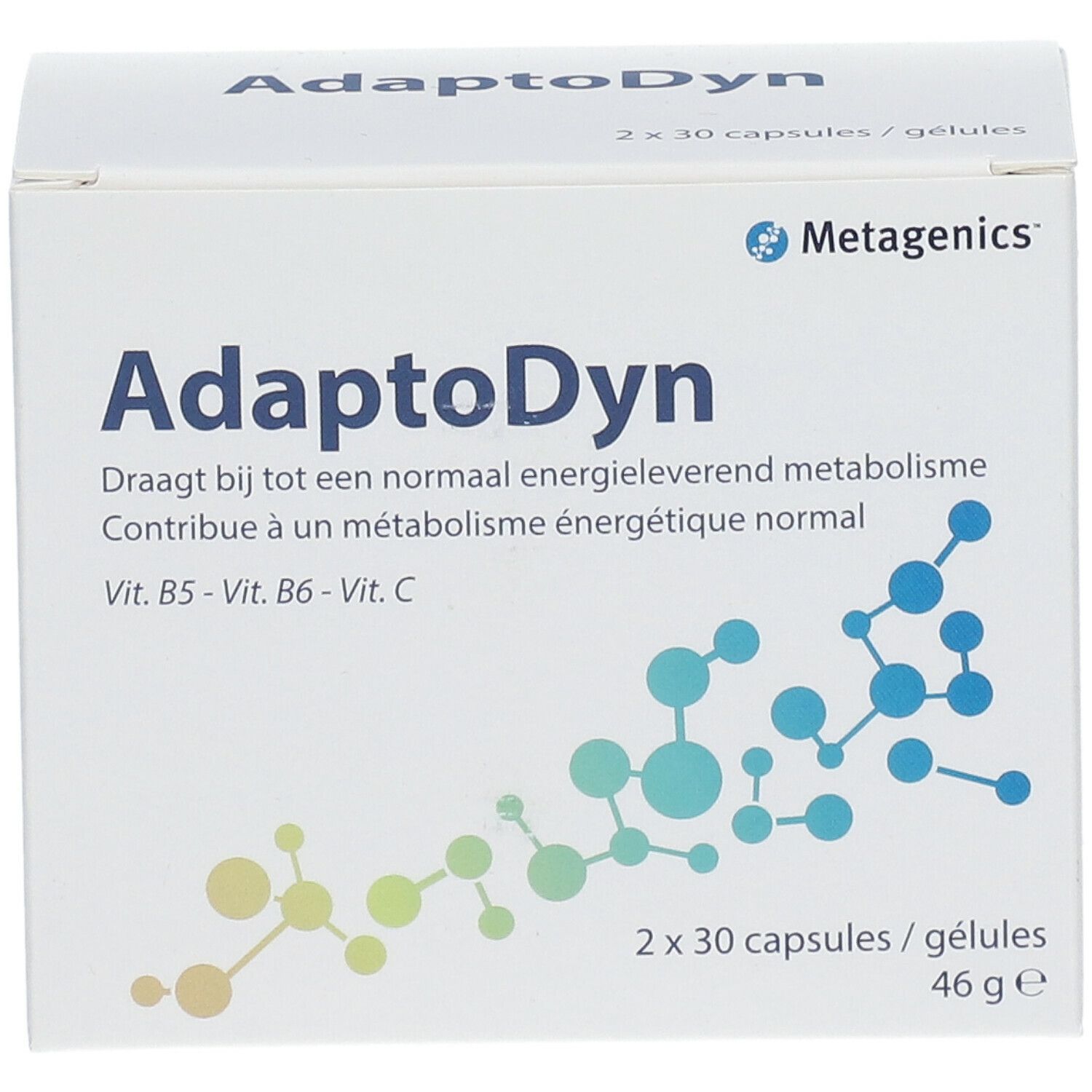 Boîte blanche AdaptoDyn, logo Metagenics, 2x30 gélules. Contient Vitamines B5, B6, C. Texte en néerlandais et français.