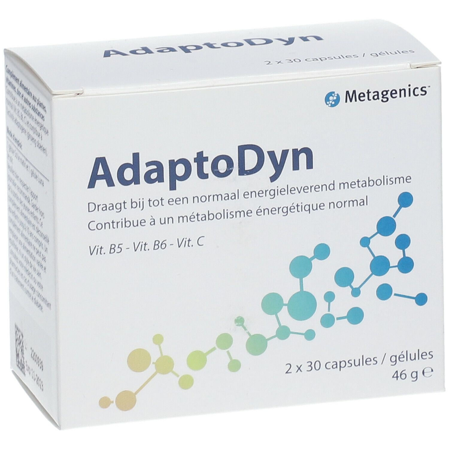 Boîte blanche AdaptoDyn, logo Metagenics, 2x30 gélules. Contient Vitamines B5, B6, C. Texte en néerlandais et français.
