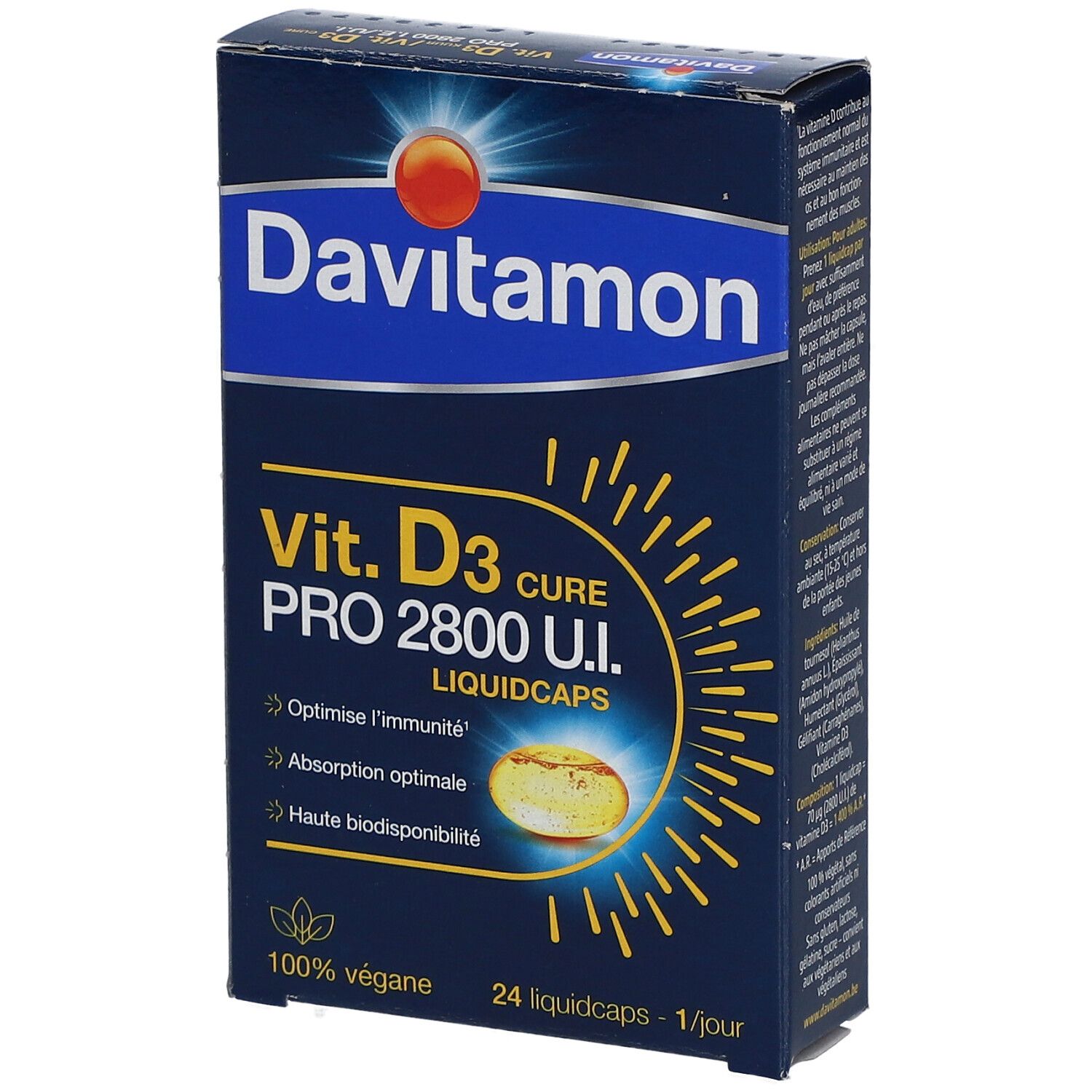 Boîte Davitamon Vit. D3 Cure Pro 2800 U.I. 24 liquidcaps. 100% végétalien.