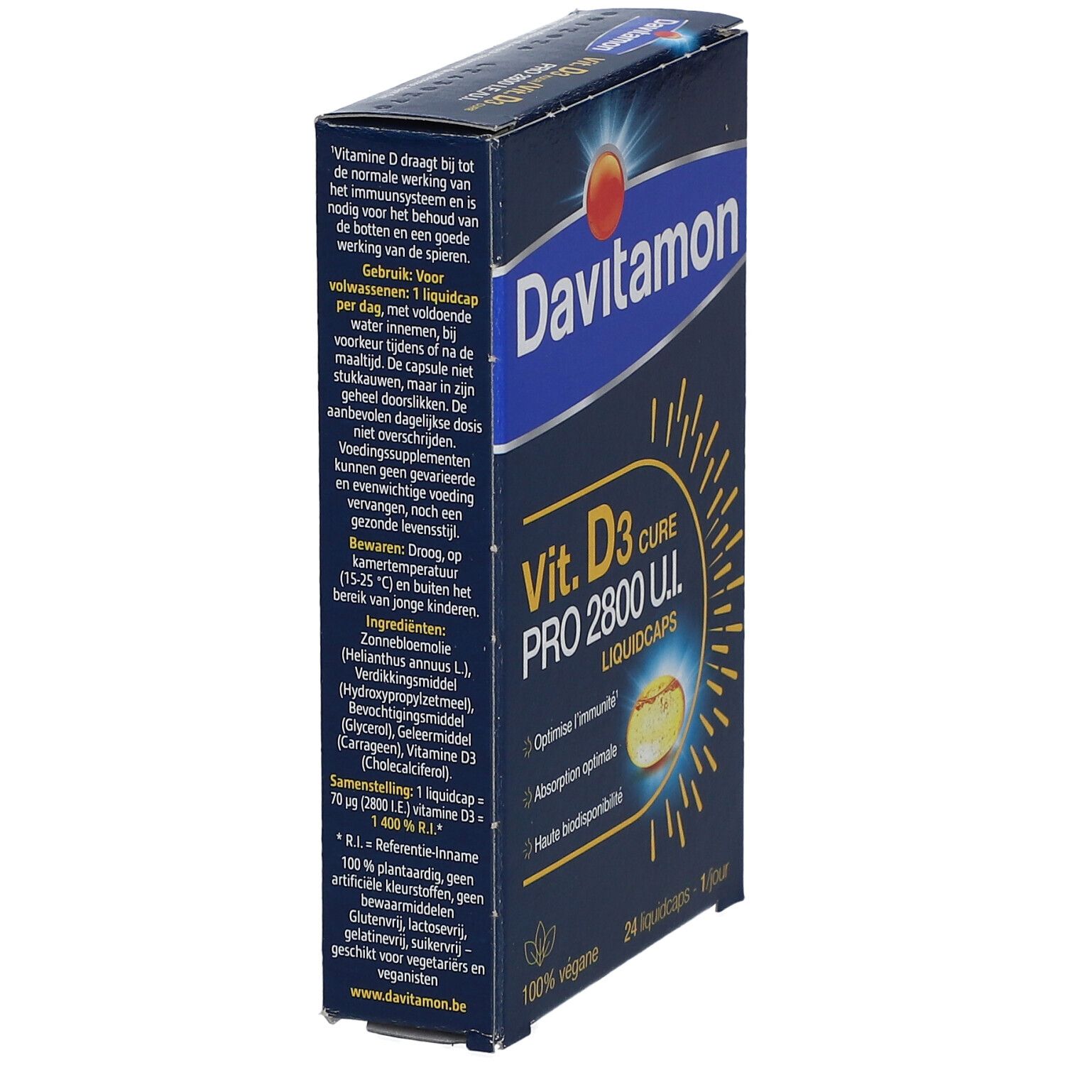 Boîte Davitamon Vit. D3 Cure Pro 2800 U.I. 24 liquidcaps. Ingrédients et texte.