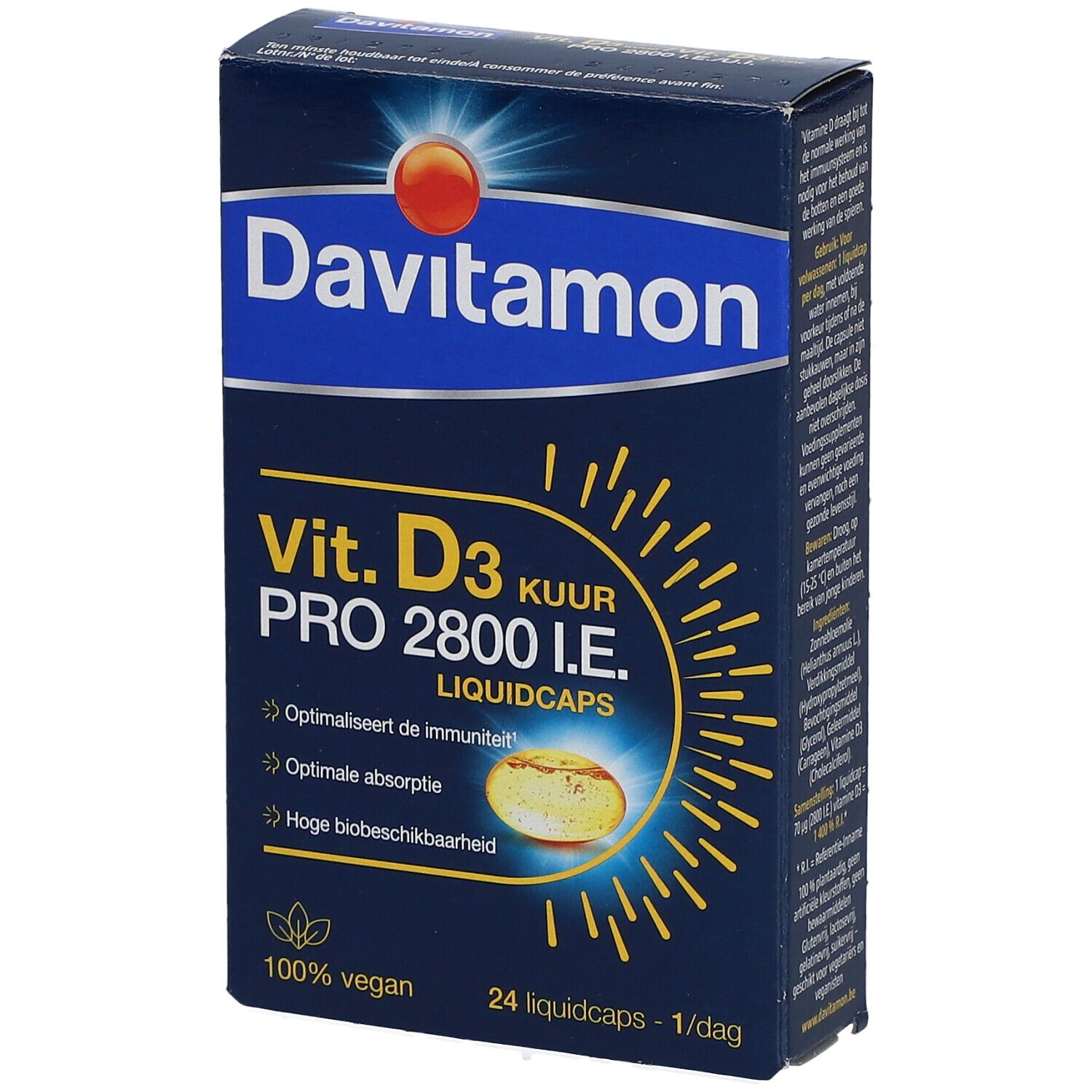 Boîte Davitamon Vit. D3 Cure Pro 2800 U.I. 24 liquidcaps. 100% végétalien.