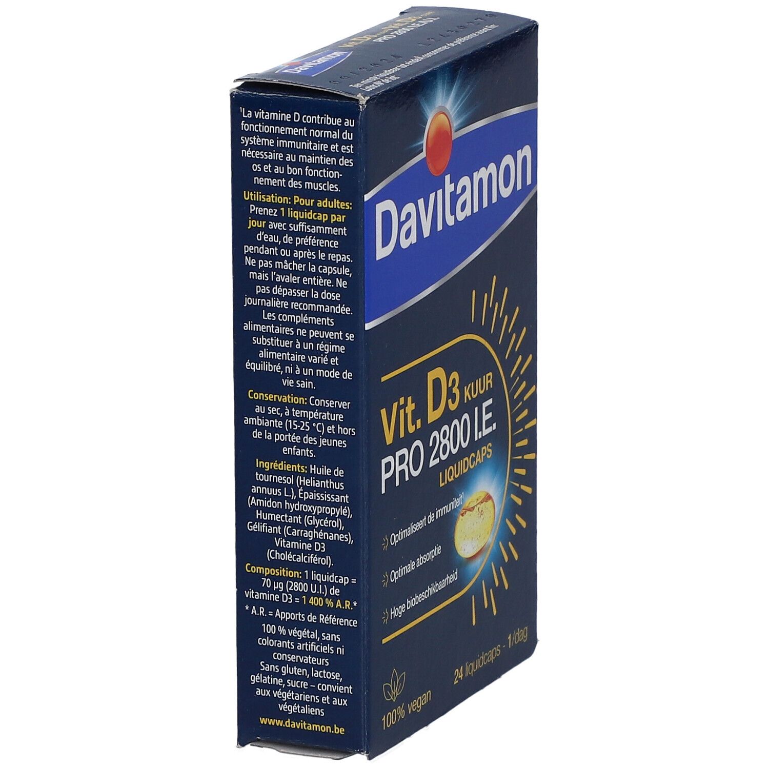 Boîte Davitamon Vit. D3 Cure Pro 2800 U.I. 24 liquidcaps. Ingrédients et texte.
