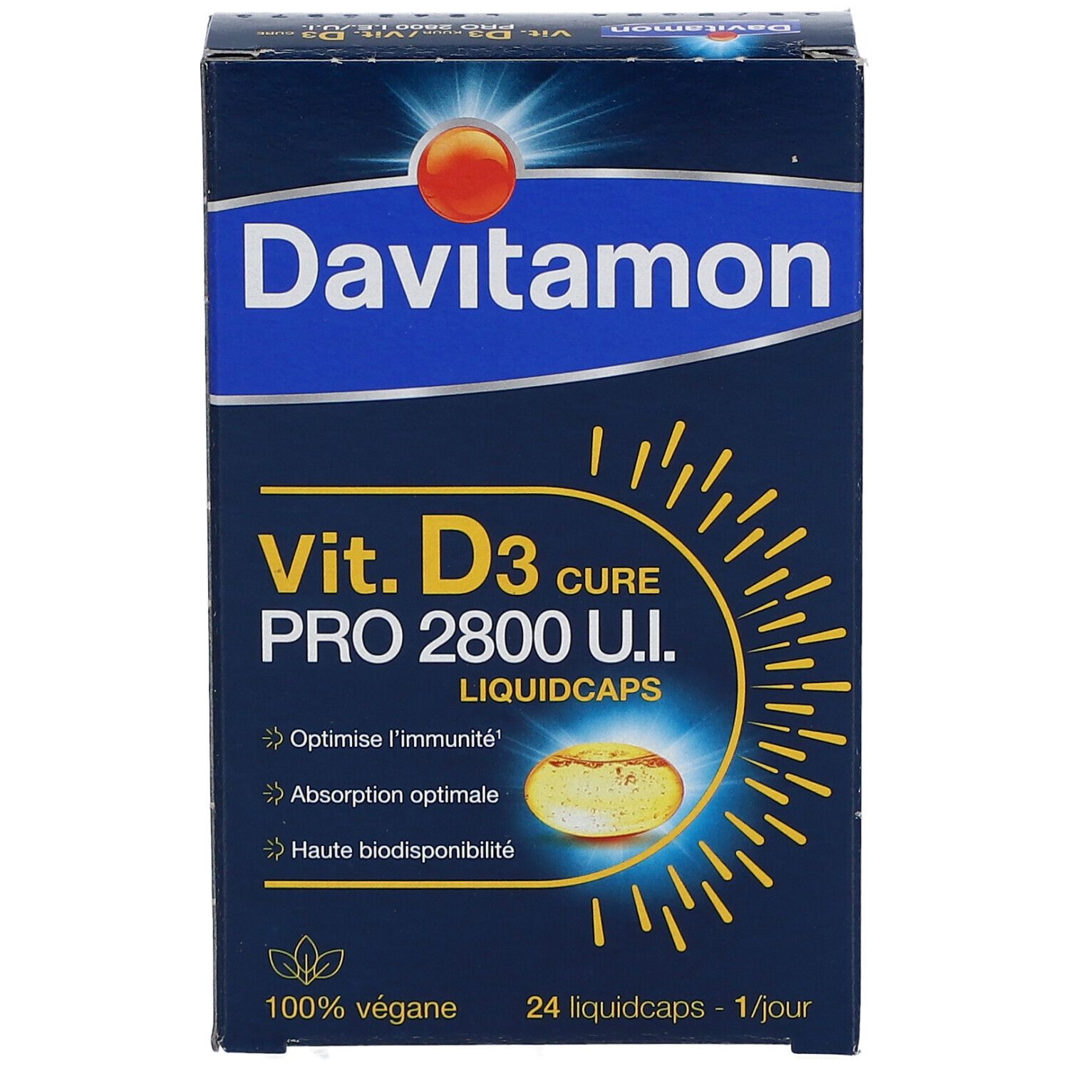 Boîte Davitamon Vit. D3 Cure Pro 2800 U.I. 24 liquidcaps. 100% végétalien.