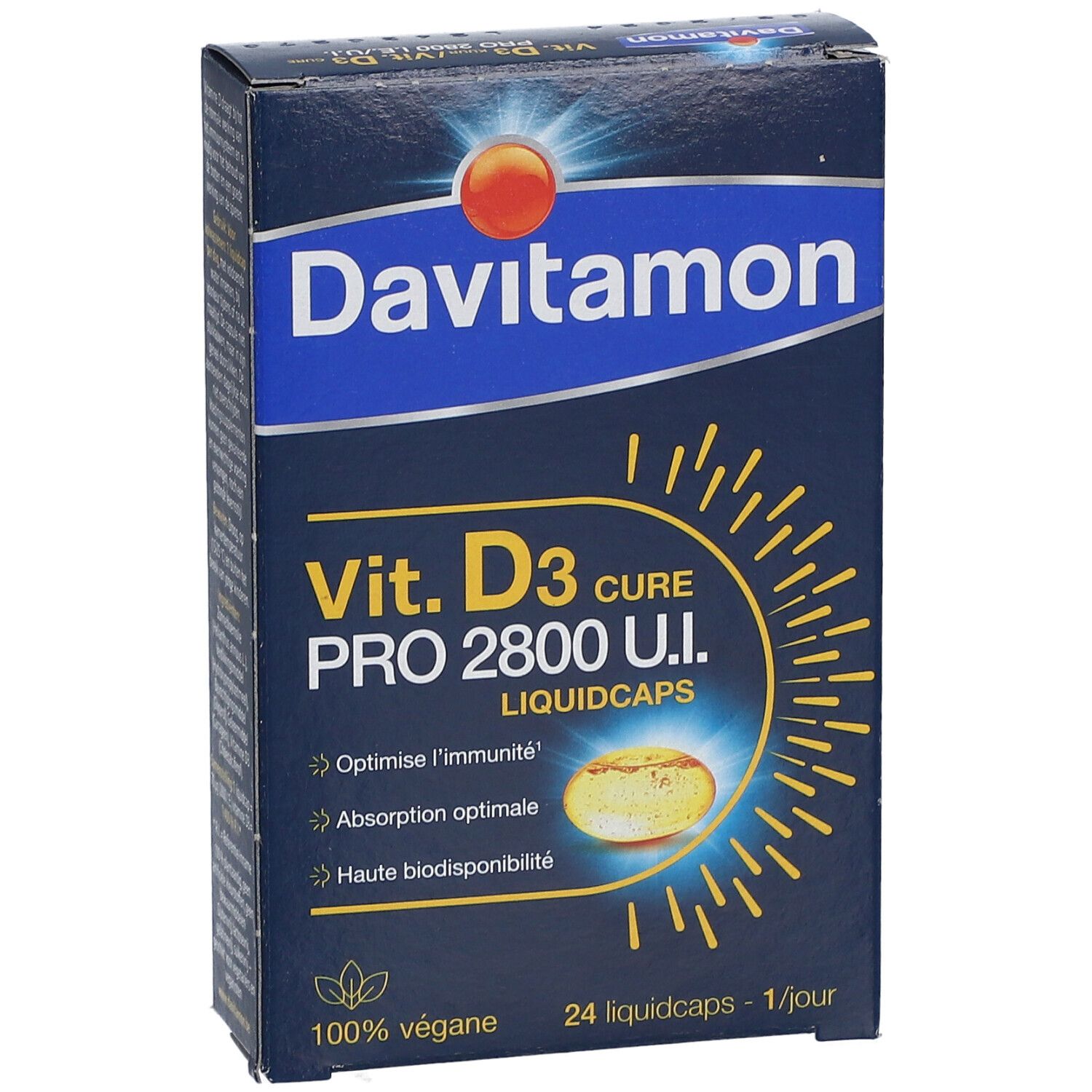 Boîte Davitamon Vit. D3 Cure Pro 2800 U.I. 24 liquidcaps. 100% végétalien.