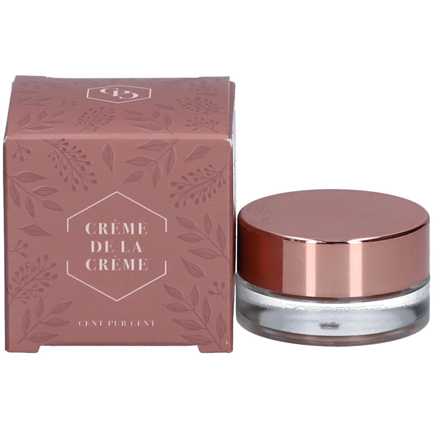 Crème De La Crème Erdbeere. Emballage rose avec motif floral et pot en verre. Couvercle or rose.