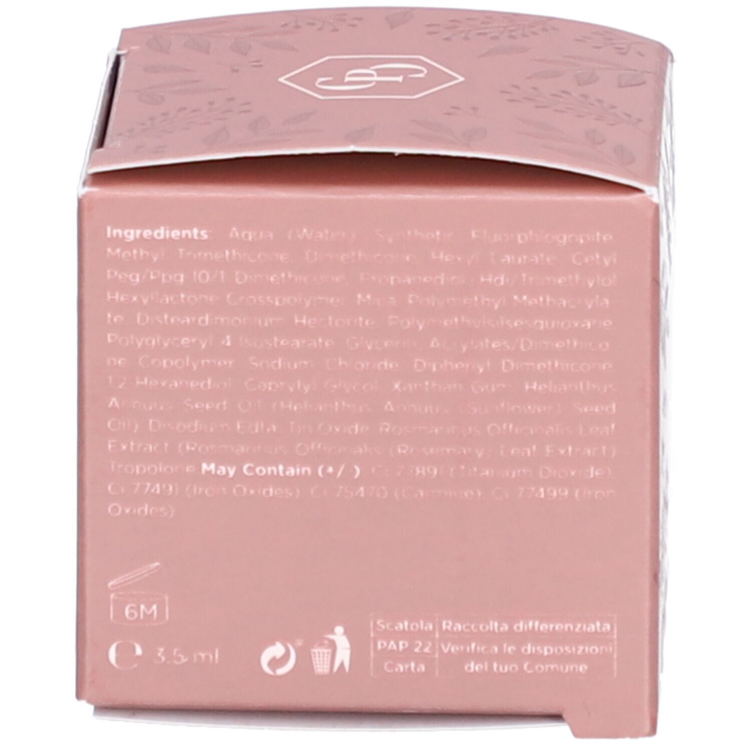 Dos de l'emballage. Ingrédients, consignes de recyclage et symbole 6M. Volume : 35 ml.
