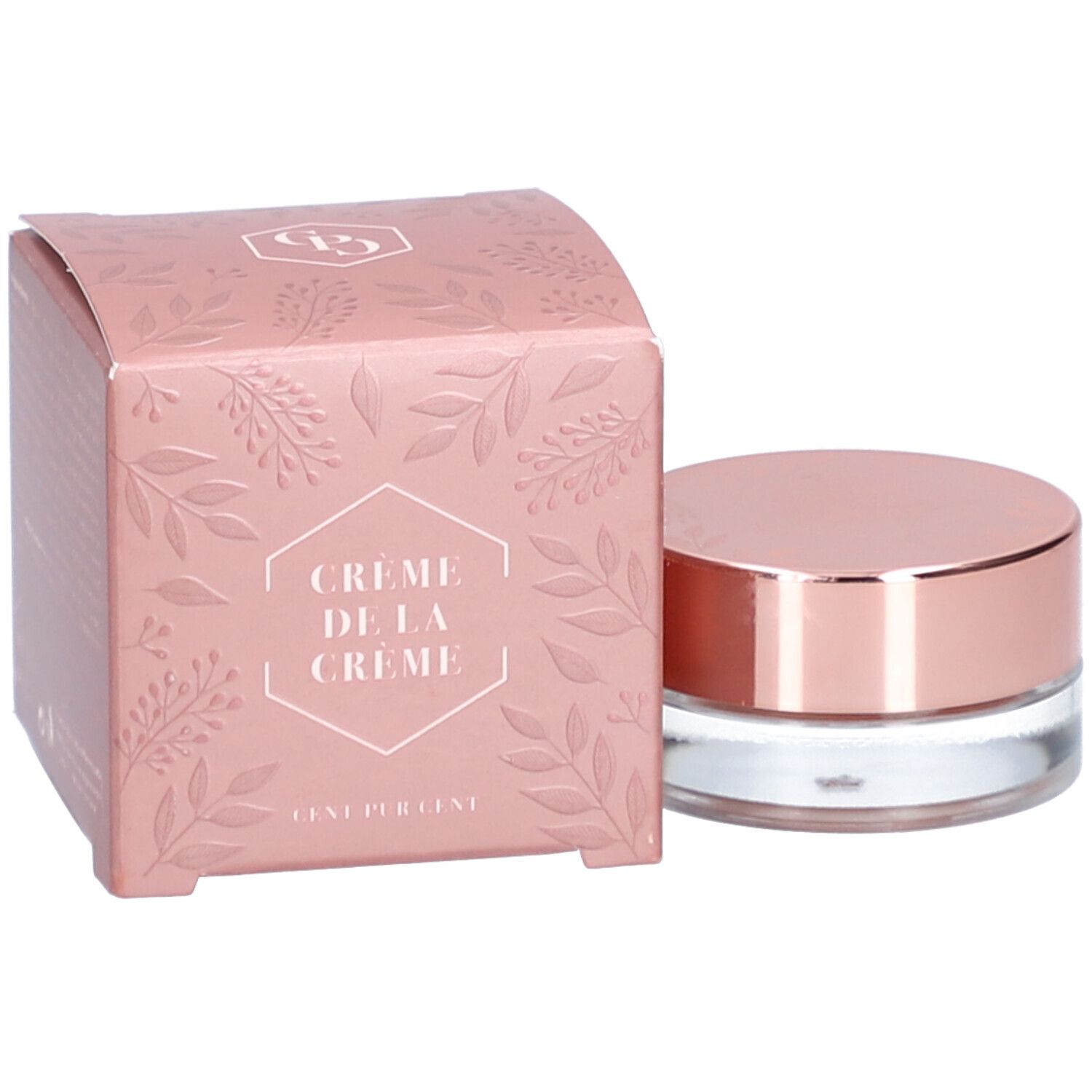 Crème De La Crème Erdbeere. Emballage rose avec motif floral et pot en verre. Couvercle or rose.