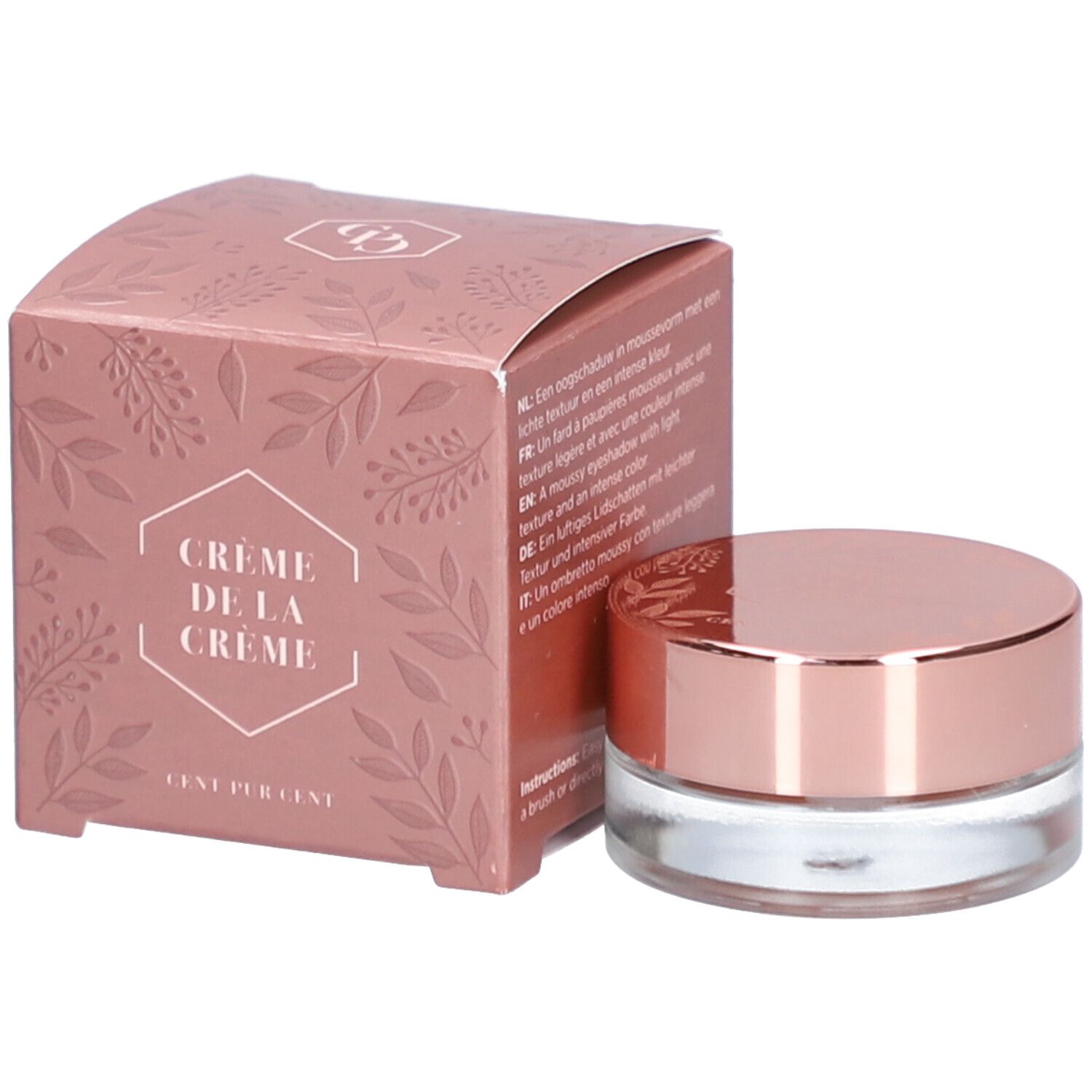 Crème De La Crème Erdbeere. Emballage rose avec texte multilingue. Pot en verre avec couvercle or rose.