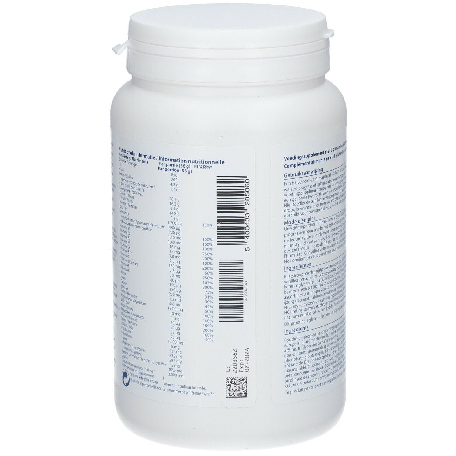 Dos d'un pot blanc. Informations nutritionnelles et code-barres. Texte en plusieurs langues.
