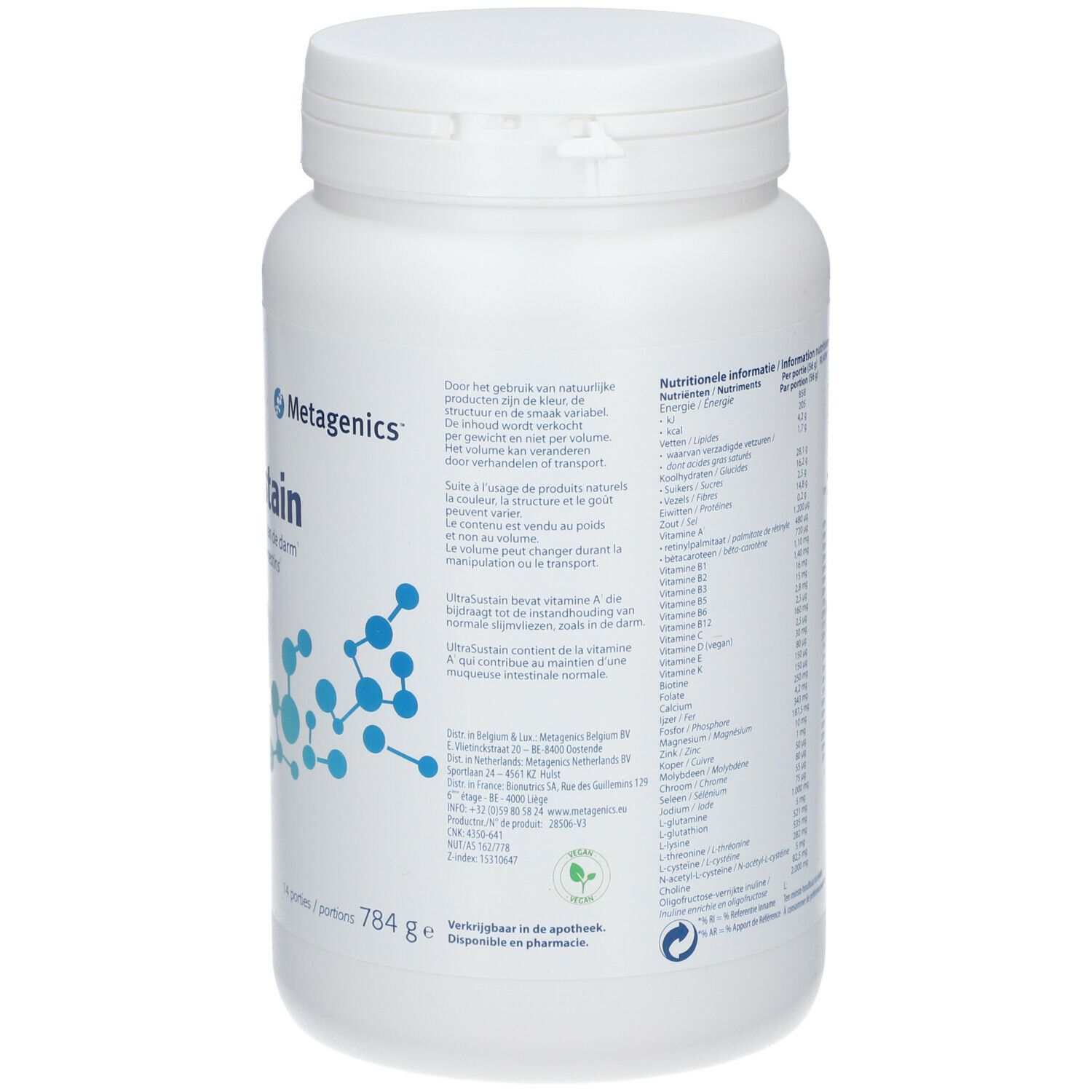 Dos d'un pot blanc. Texte en plusieurs langues. Informations nutritionnelles et ingrédients. 784 g.