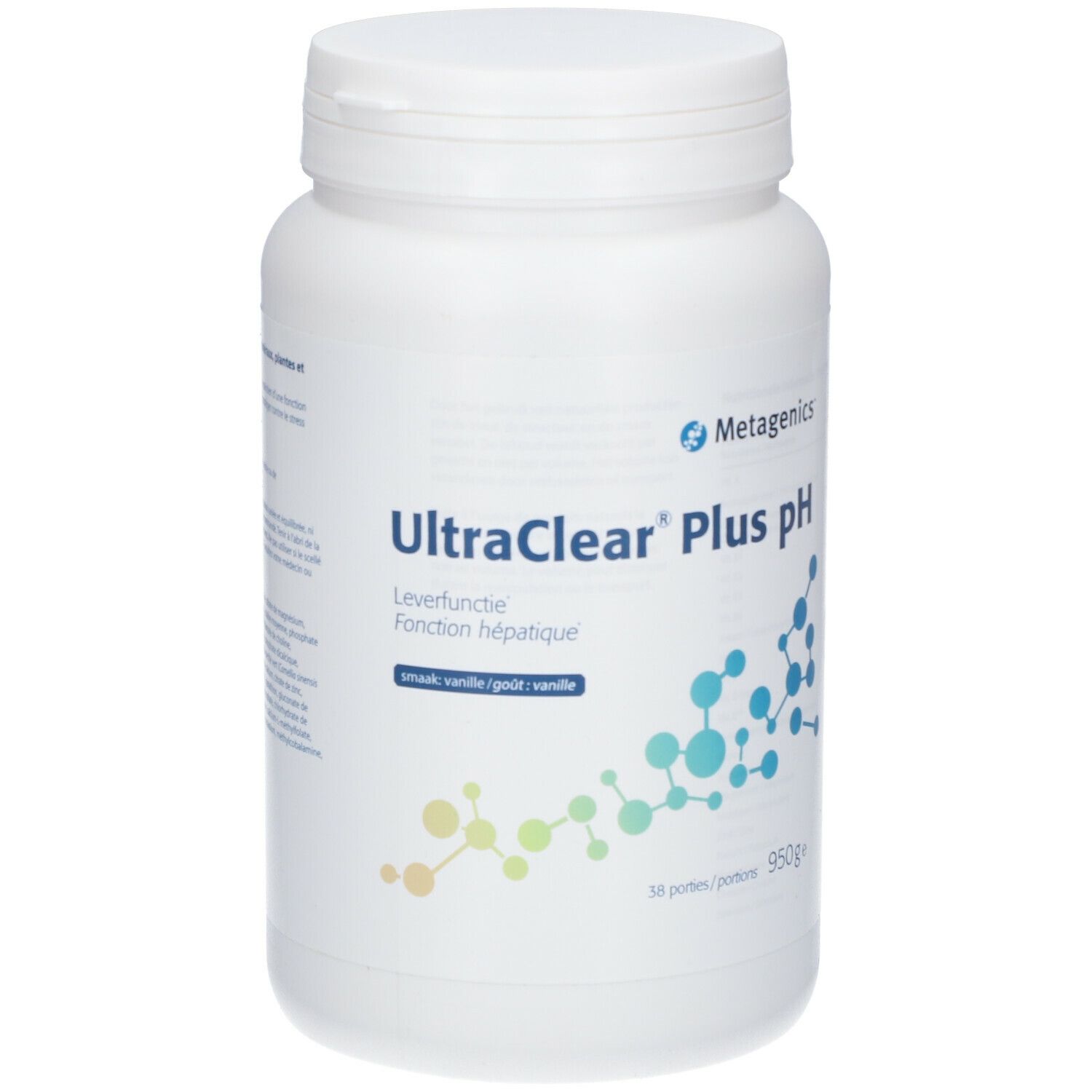 Pot blanc UltraClear Plus pH. Inscription: Leverfunctie, Vanille. Logo Metagenics. 38 portions, 950g.