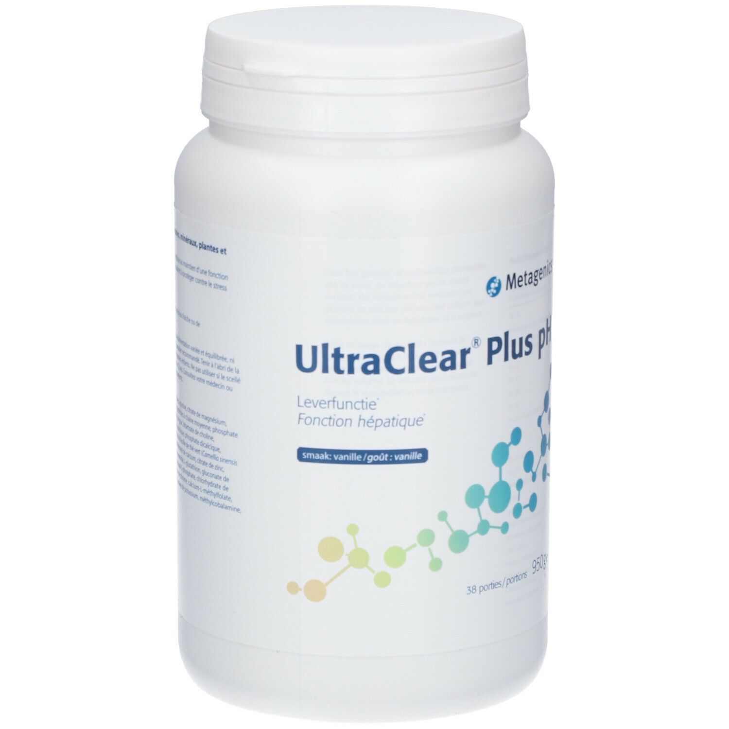 Pot blanc UltraClear Plus pH. Inscription: Leverfunctie, Vanille. Logo Metagenics. 38 portions, 950g.