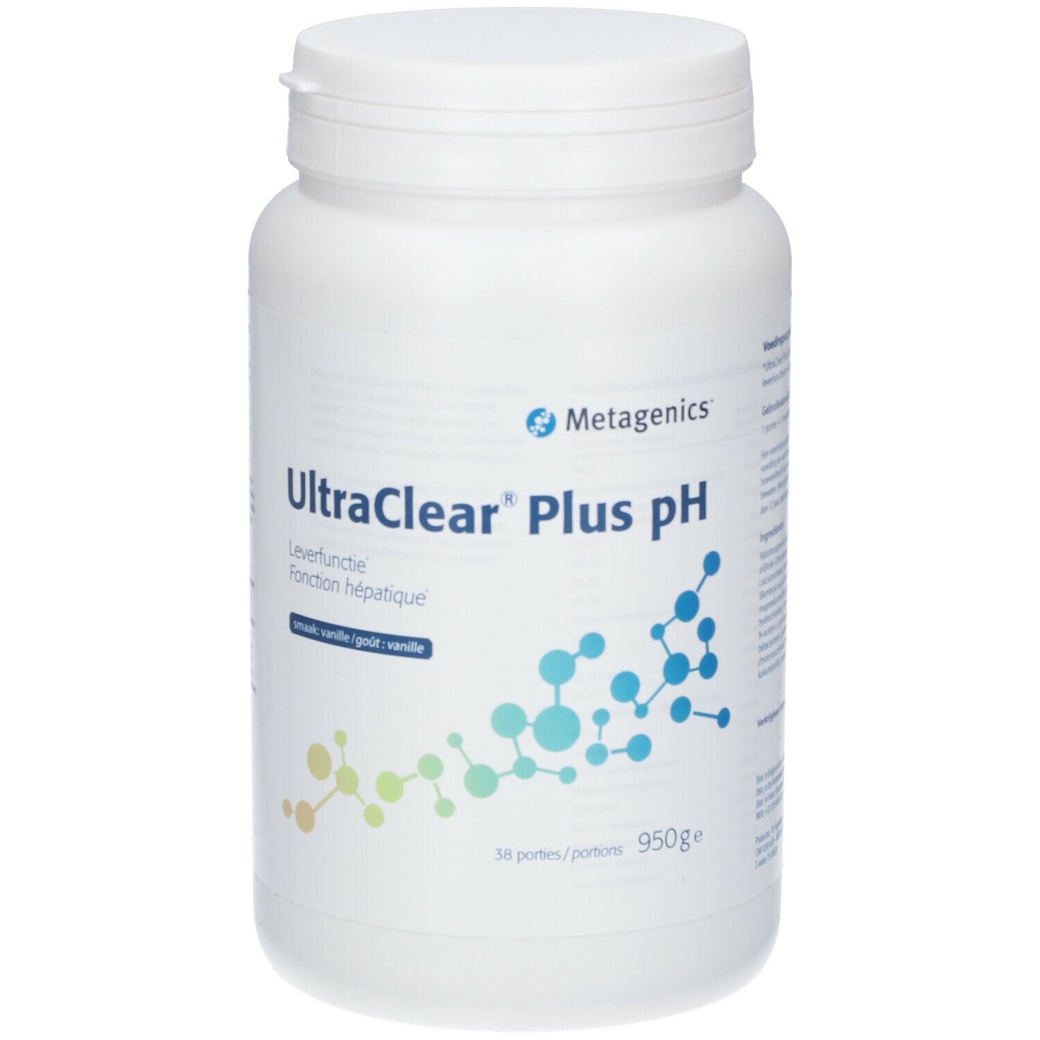 Pot blanc UltraClear Plus pH. Inscription: Leverfunctie, Vanille. Logo Metagenics. 38 portions, 950g.