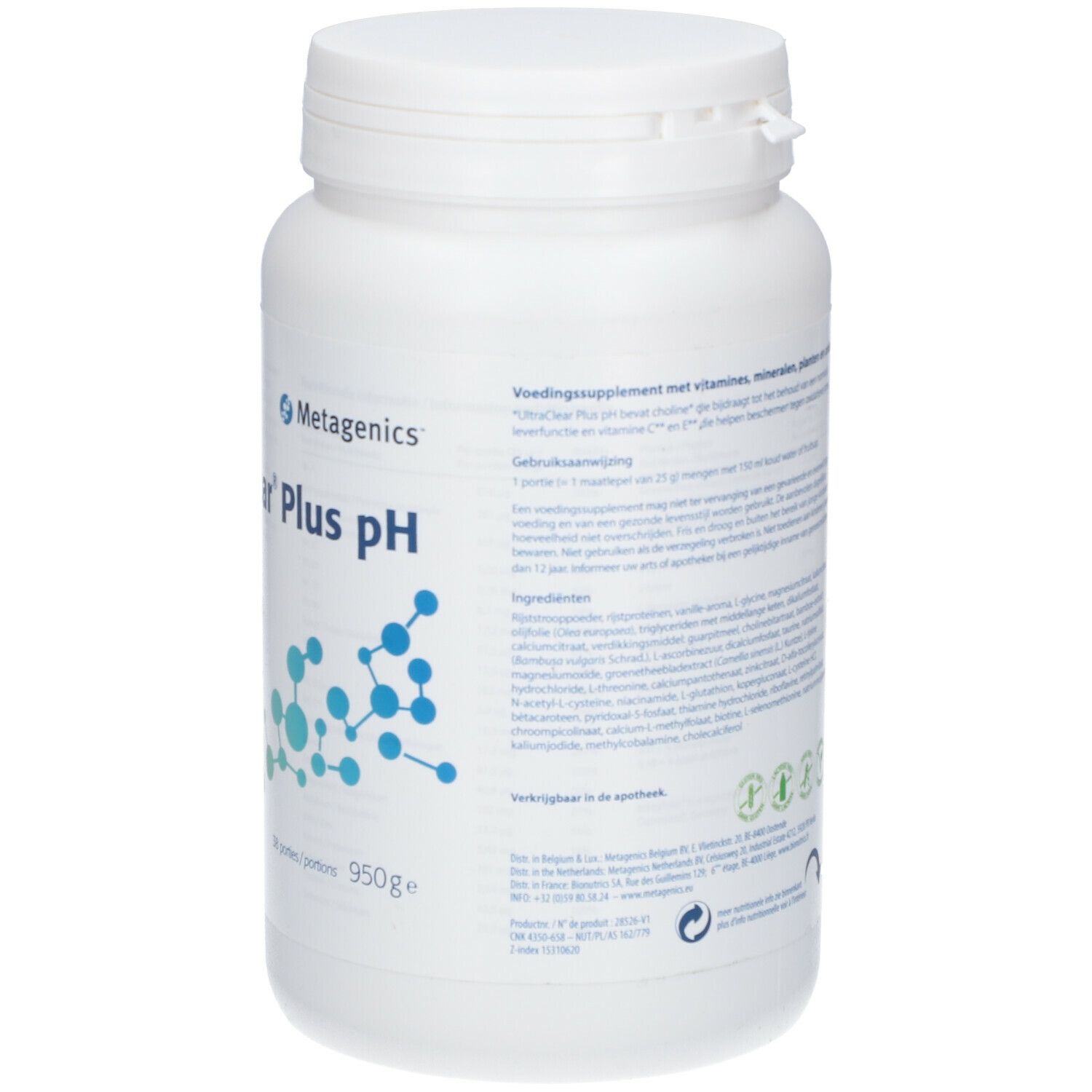 Dos du pot blanc. Texte sur ingrédients et utilisation. Nom du produit UltraClear Plus pH. Logo Metagenics. 950g.