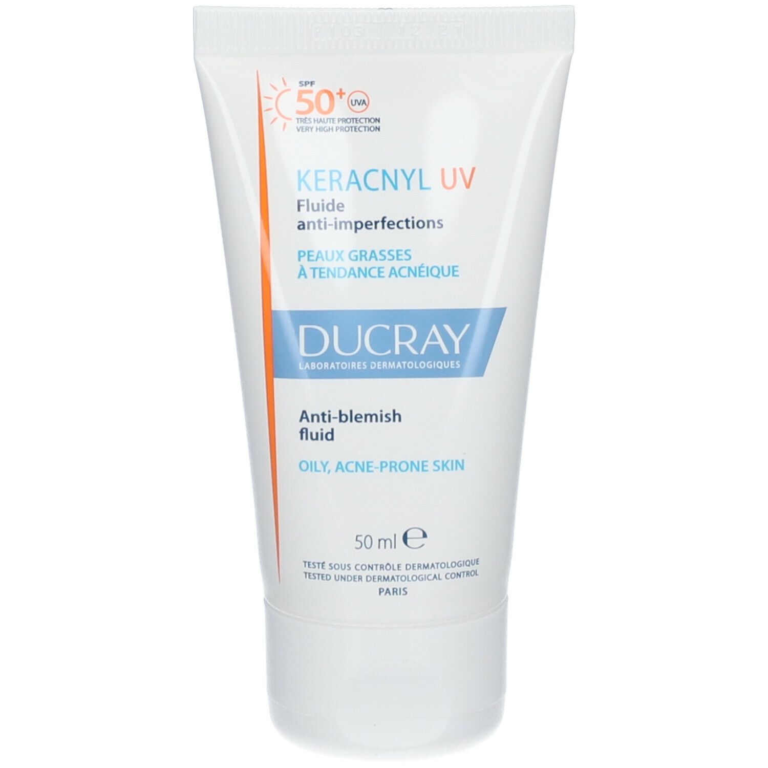 Witte tube met oranje en blauwe accenten. Tekst: KERACNYL UV, Fluiide anti-imperfections, DUCRAY, Anti-Blemish fluid, SPF50+.