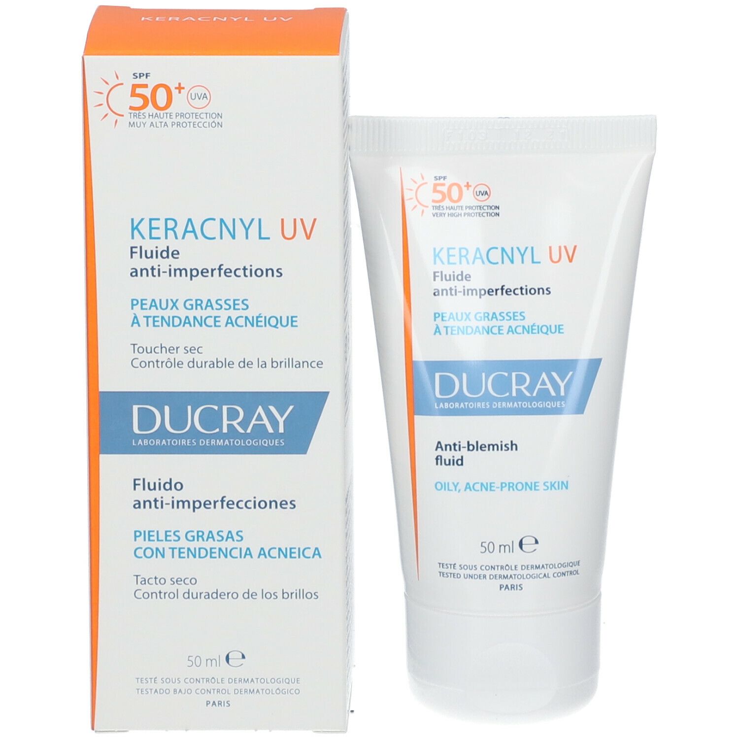 Verpakking en tube naast elkaar. Verpakking: wit, oranje, blauw. Tube: wit, oranje, blauw. Tekst: KERACNYL UV, DUCRAY, SPF50+.