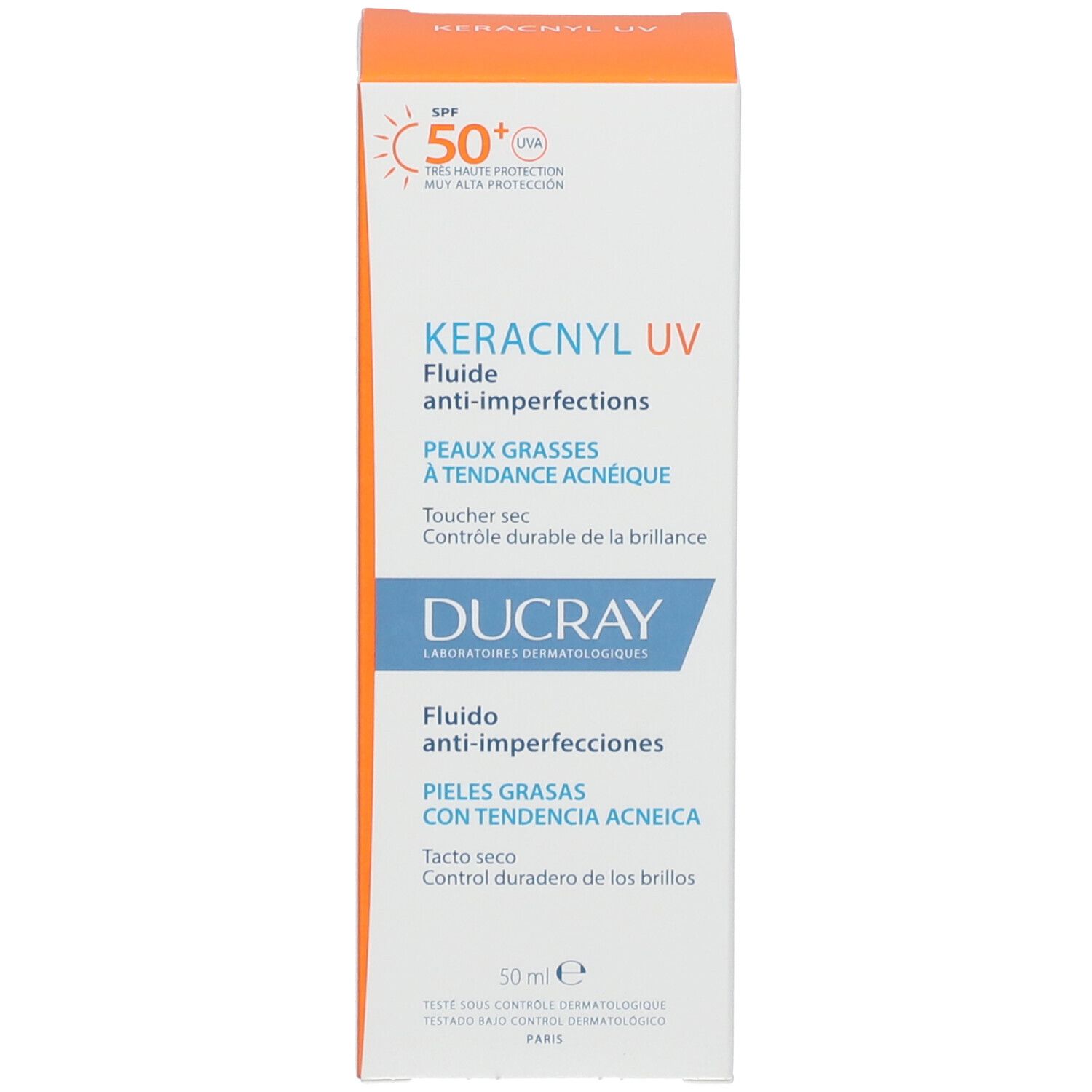 Witte verpakking met oranje en blauwe accenten. Tekst: KERACNYL UV, Fluiide anti-imperfections, DUCRAY, SPF50+.
